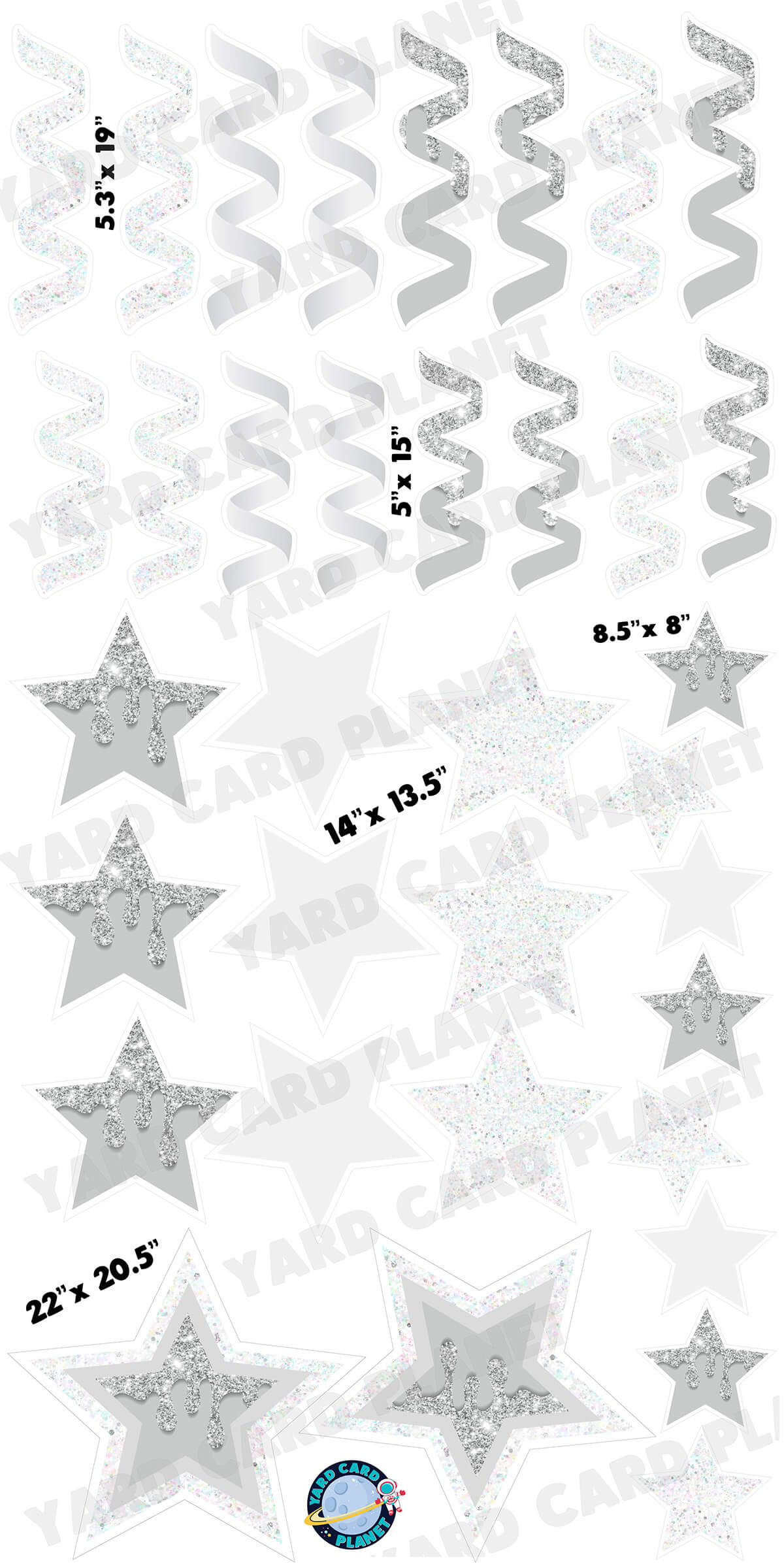 White and Silver Glitter and Solid Stars and Streamers Yard Card Flair Set