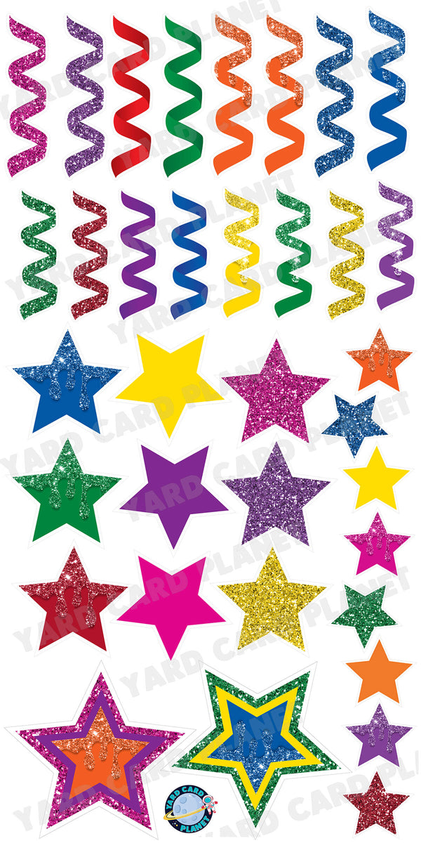 Bright Multi Colored Glitter and Solid Stars and Streamers Yard Card Flair Set