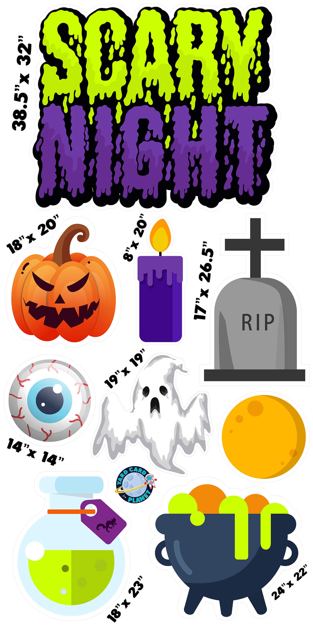 Scary Night Halloween EZ Quick Sign and Yard Card Flair Set with Measurements