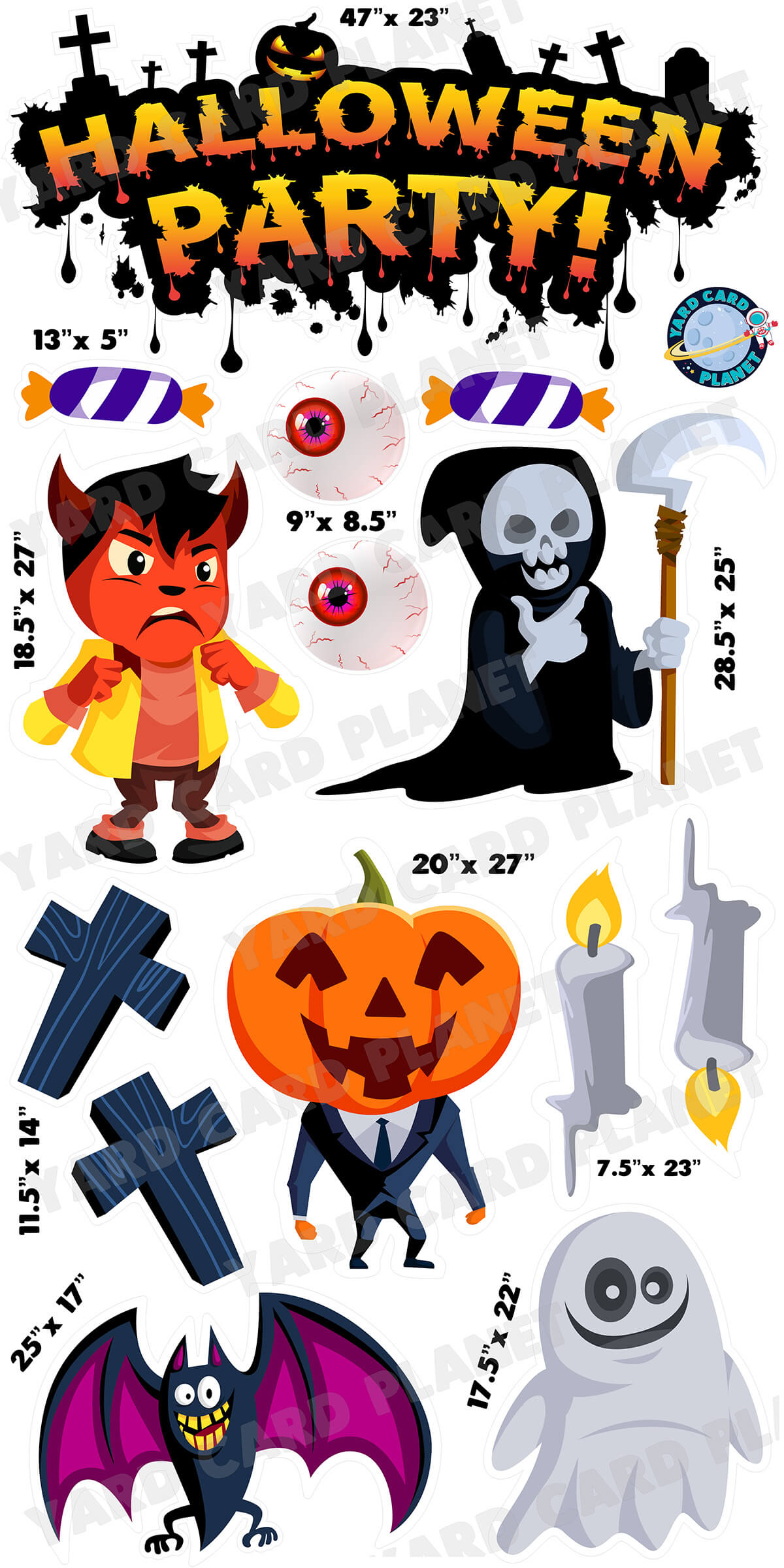 Halloween Party EZ Quick Sign and Yard Card Flair Set with Measurements