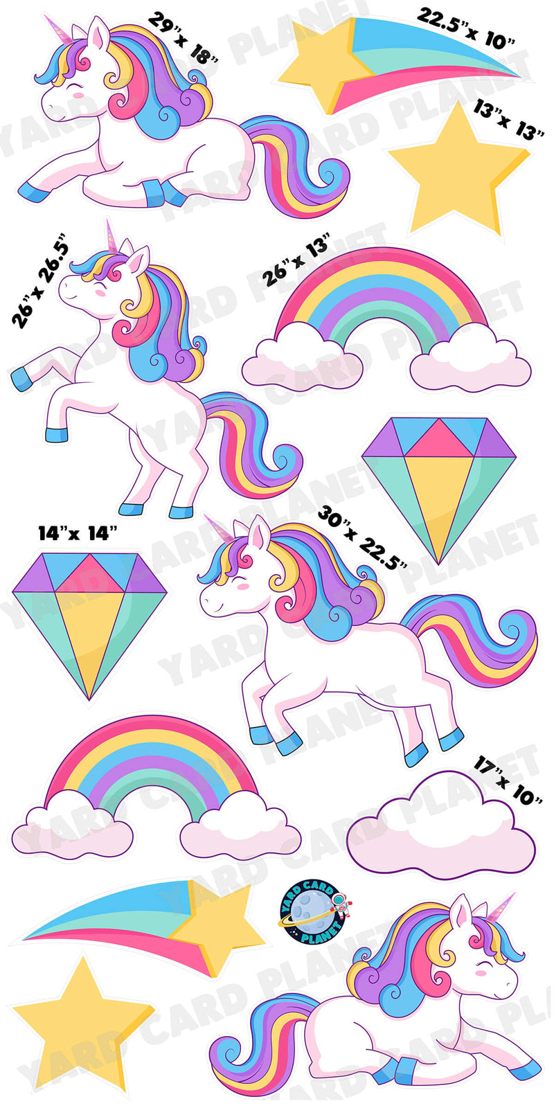 Magical Unicorns and Rainbows Yard Card Flair Set with Measurements