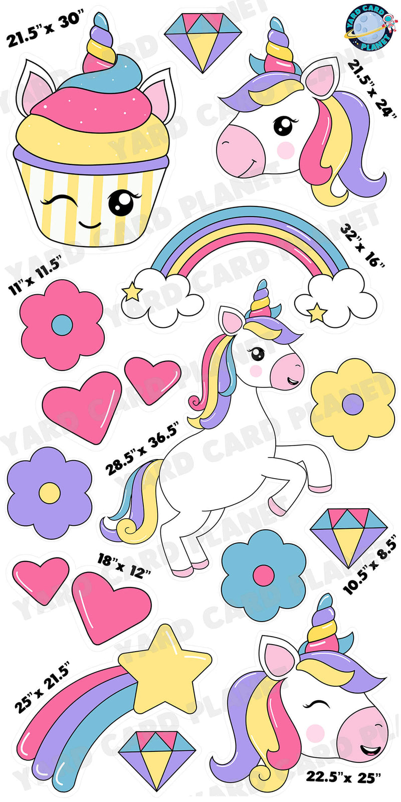 Pretty Unicorns and Rainbows Yard Card Flair Set with Measurements
