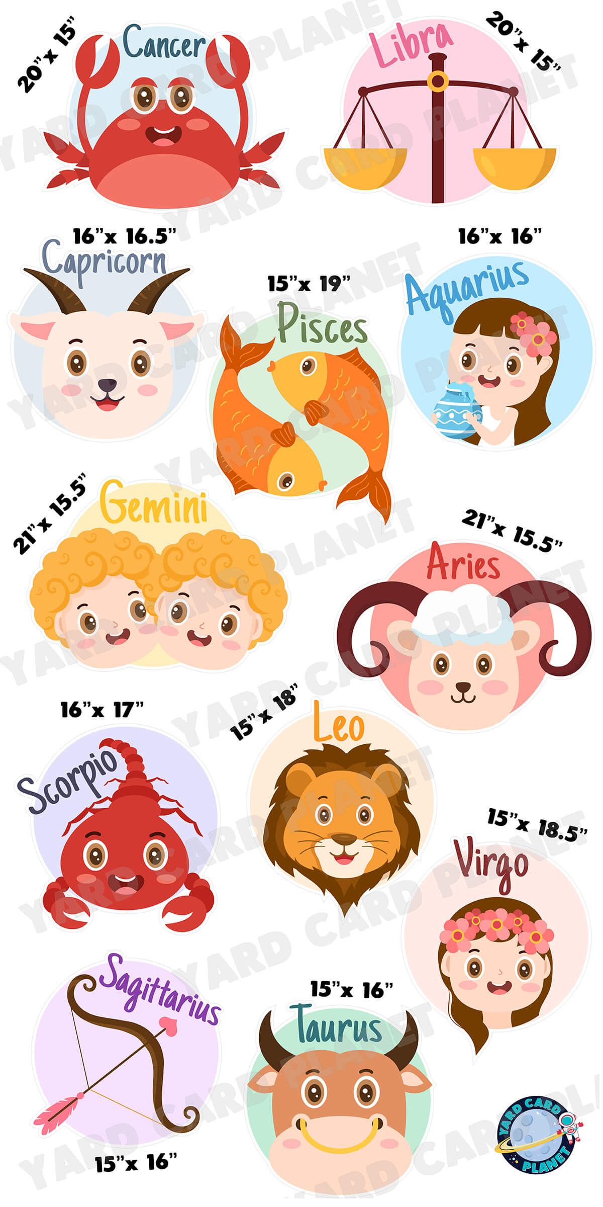 Cute Zodiac Signs Yard Card Flair Set with Measurements