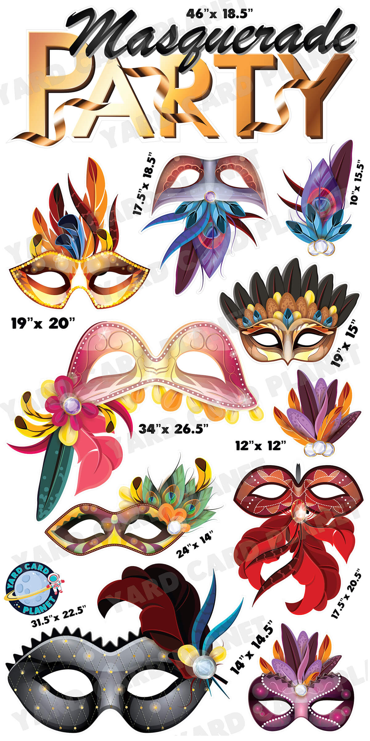 Masquerade Party EZ Quick Sign and Masks Yard Card Flair Set with Measurements