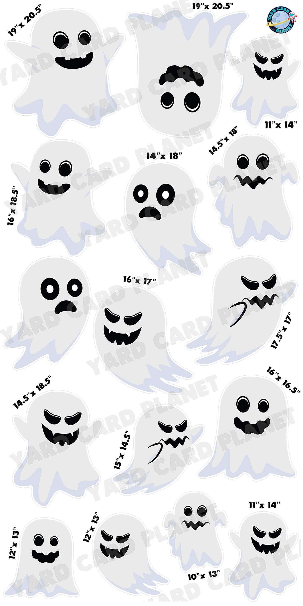 Halloween Ghosts Yard Card Flair Set with Measurements