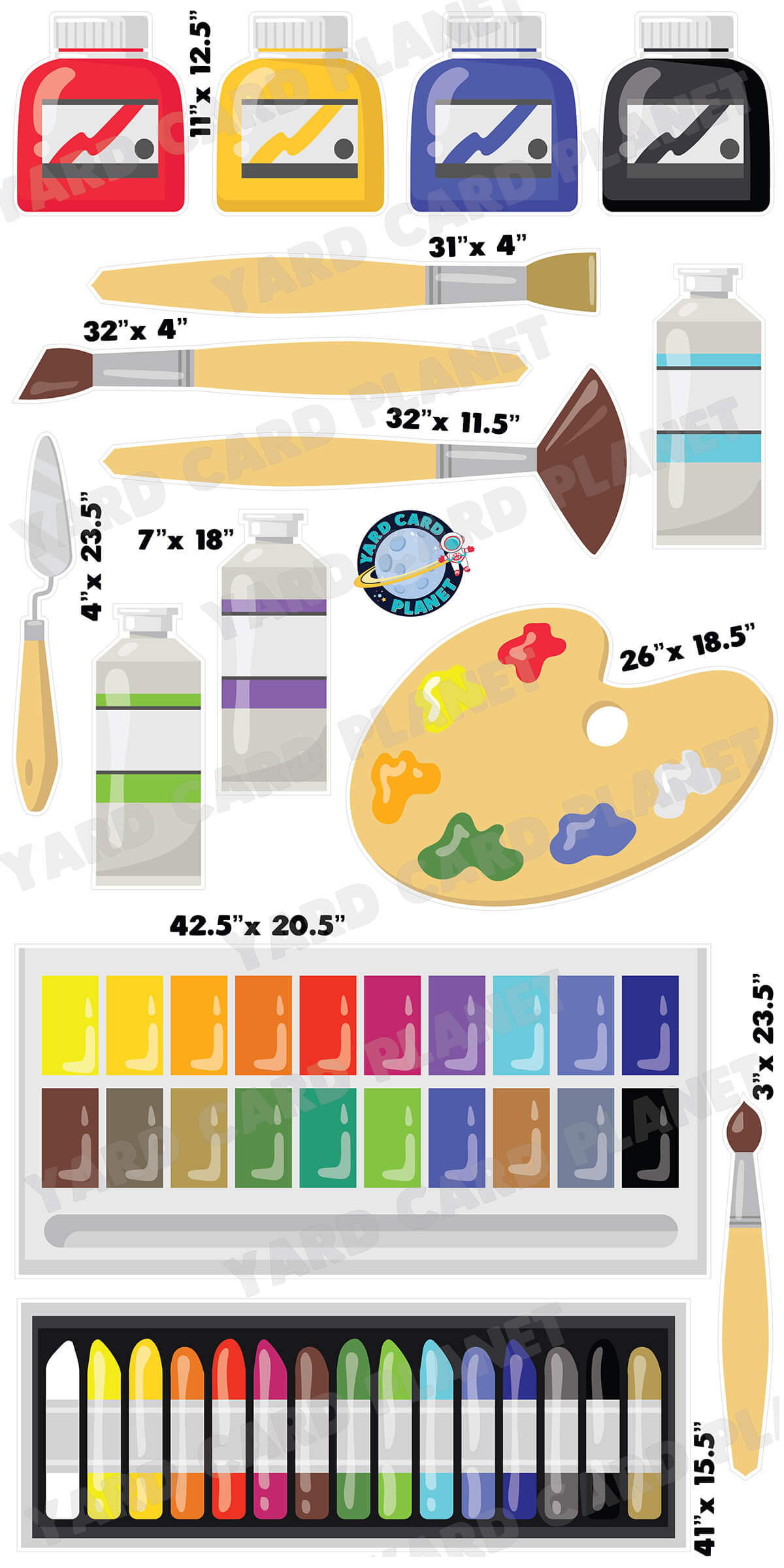 Art Lover Art Supplies Yard Card Flair Set with Measurements