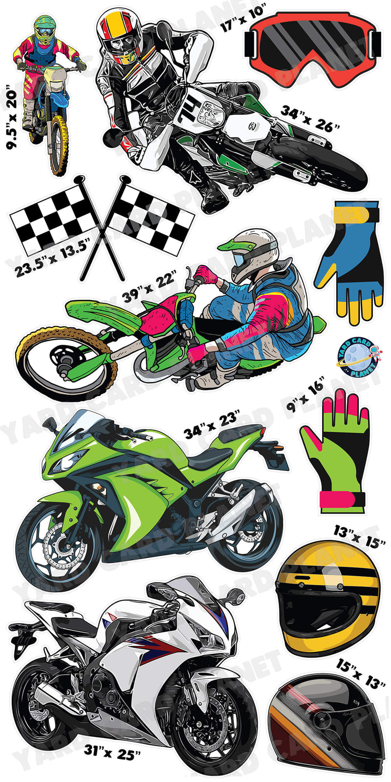 Street Motorcycles and Motocross Yard Card Flair Set with Measurements