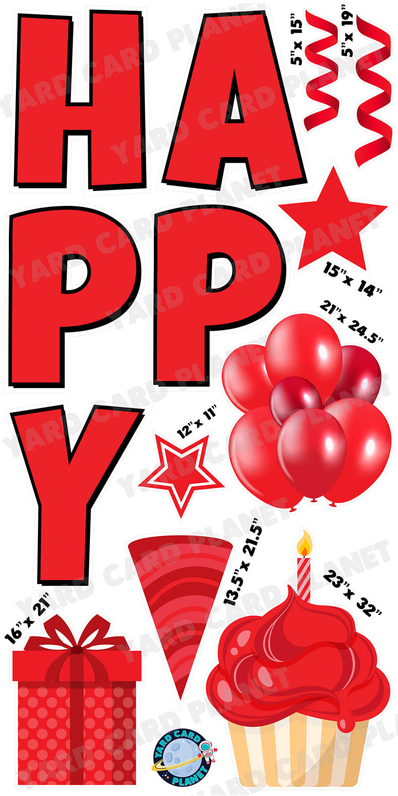 Large 23.5" Solid Red Happy Birthday Individual Letters in Luckiest Guy Font and Birthday Flair Set Page One with Measurements
