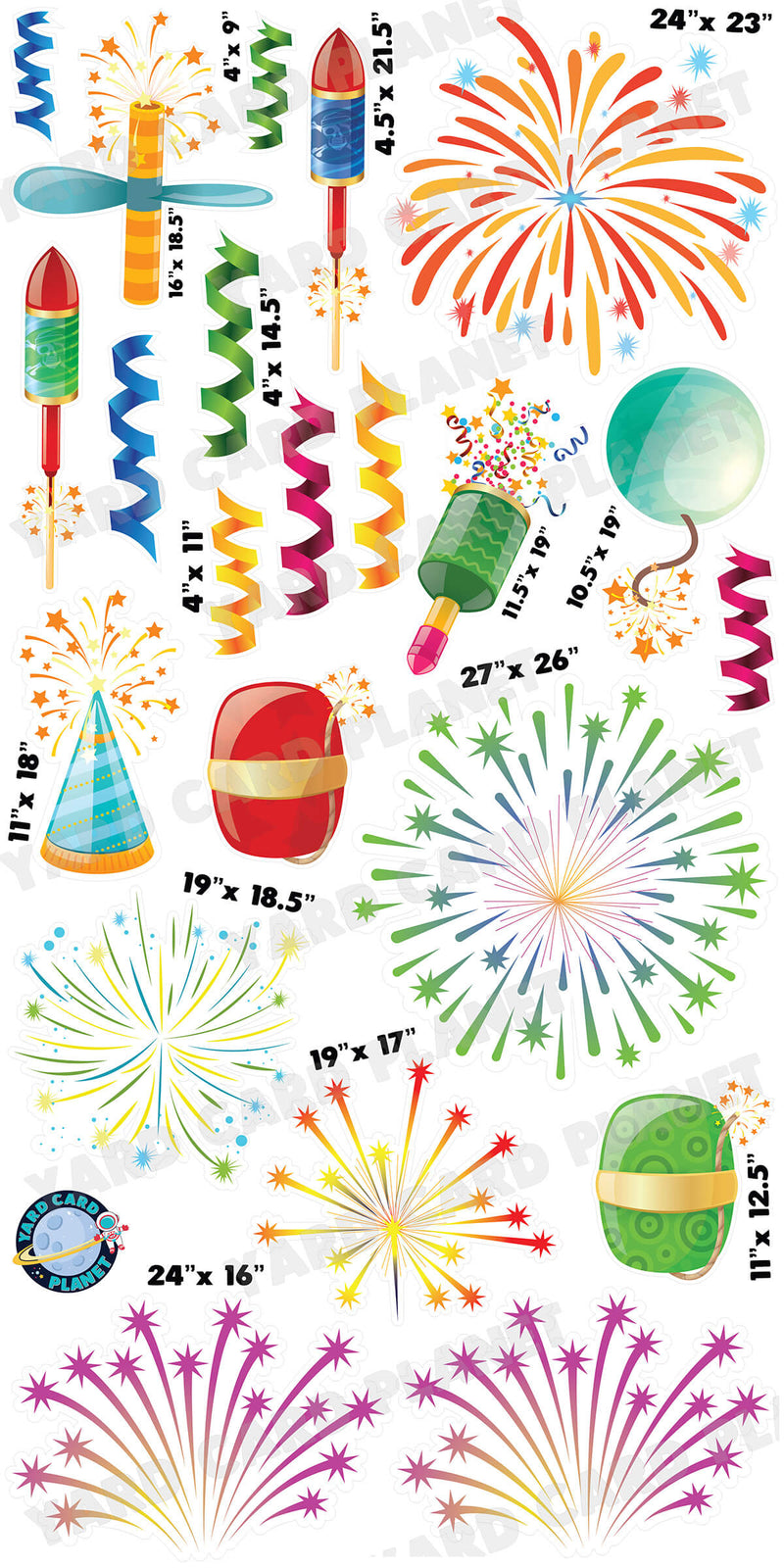 Fireworks and Streamers Yard Card Flair Set with Measurements