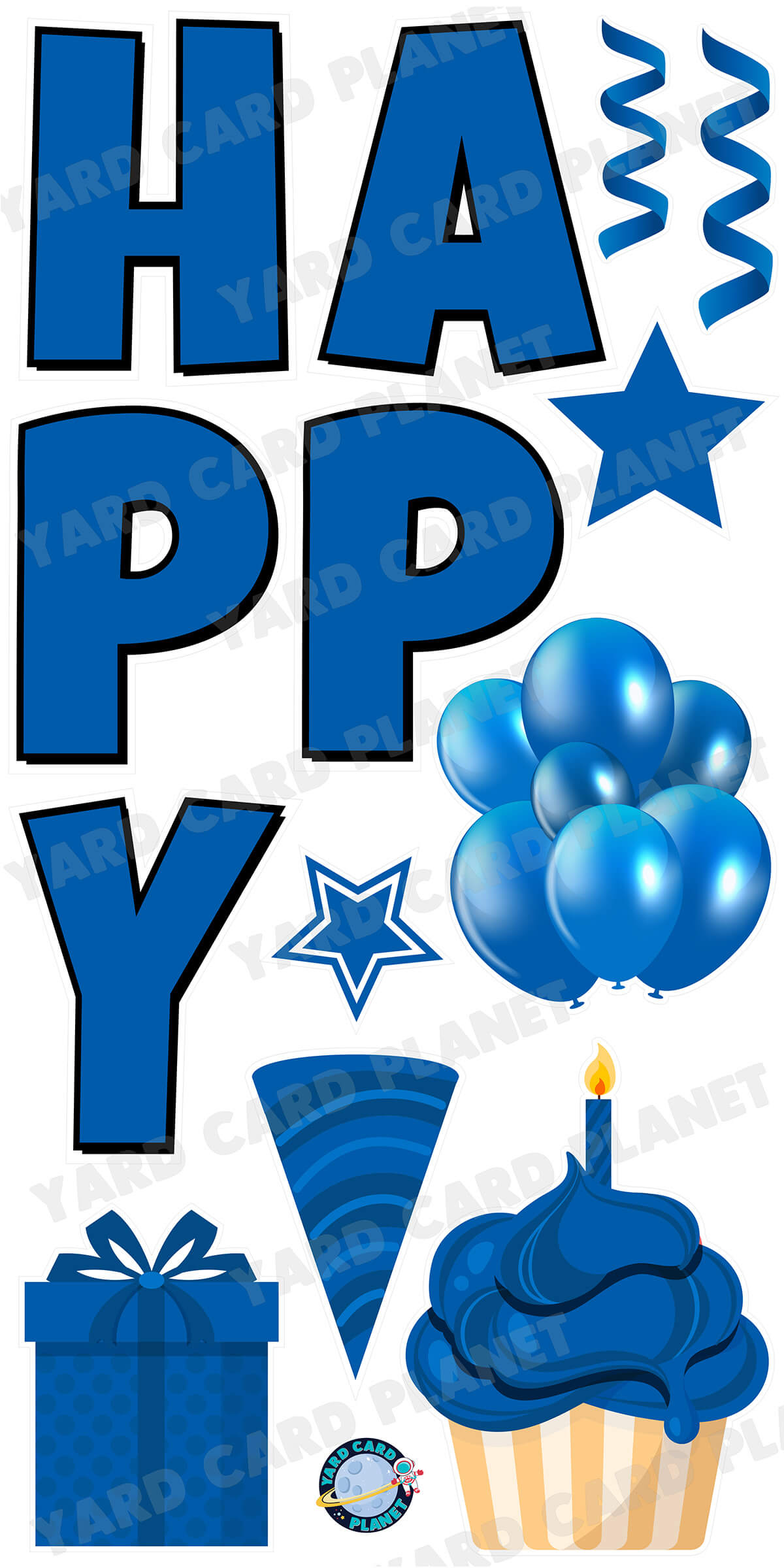 Large 23.5" Solid Blue Happy Birthday Individual Letters in Luckiest Guy Font and Birthday Flair Set Page One