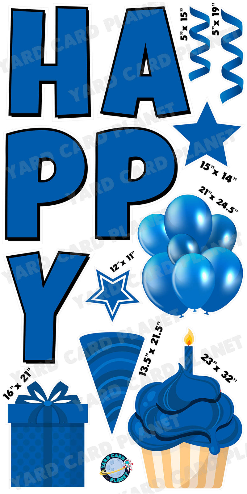 Large 23.5" Solid Blue Happy Birthday Individual Letters in Luckiest Guy Font and Birthday Flair Set Page One with Measurements