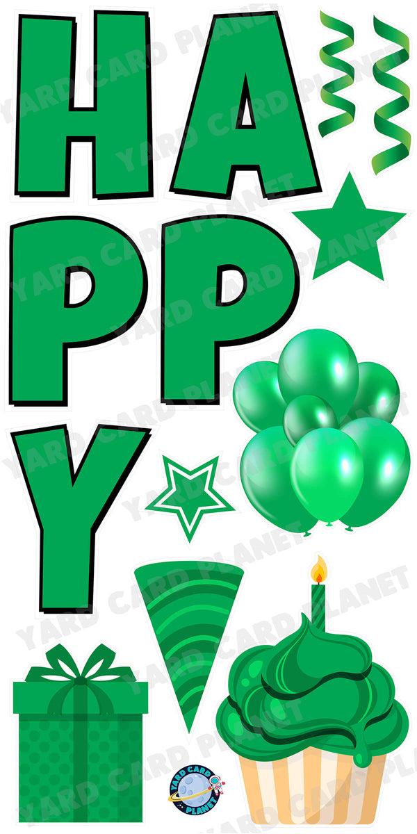 Large 23.5" Solid Green Happy Birthday Individual Letters in Luckiest Guy Font and Birthday Flair Set Page One