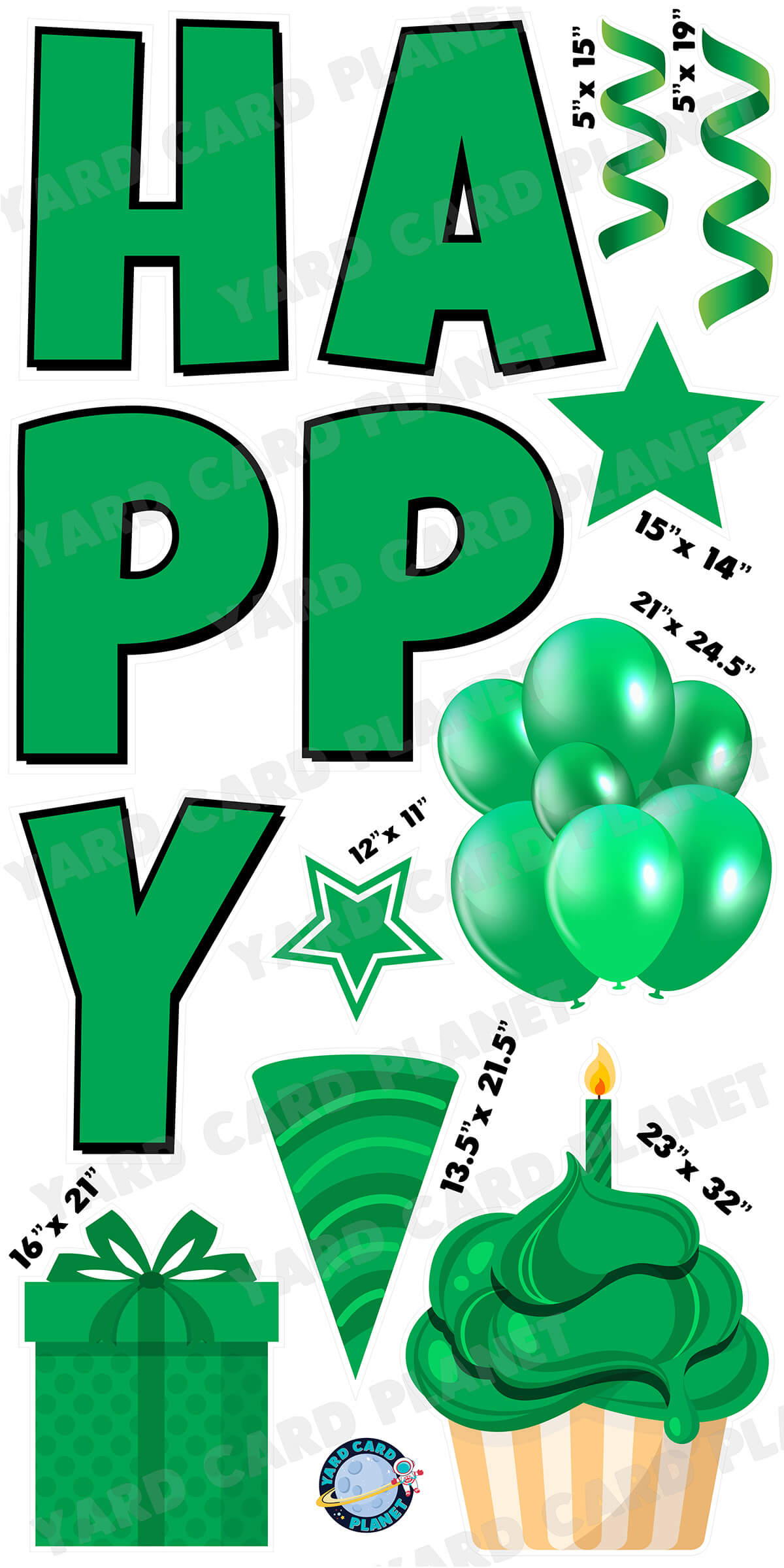 Large 23.5" Solid Green Happy Birthday Individual Letters in Luckiest Guy Font and Birthday Flair Set Page One with Measurements