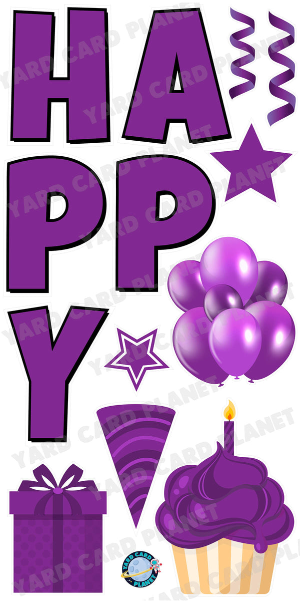 Large 23.5" Solid Purple Happy Birthday Individual Letters in Luckiest Guy Font and Birthday Flair Set Page One