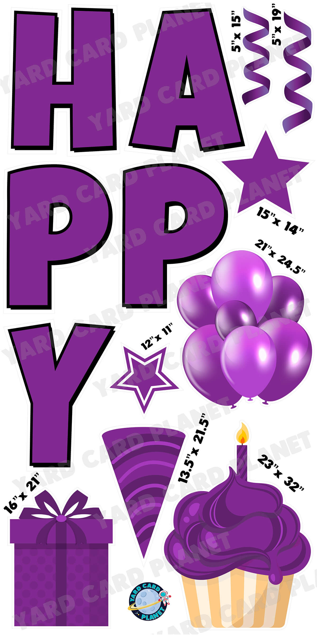 Large 23.5" Solid Purple Happy Birthday Individual Letters in Luckiest Guy Font and Birthday Flair Set Page One with Measurements