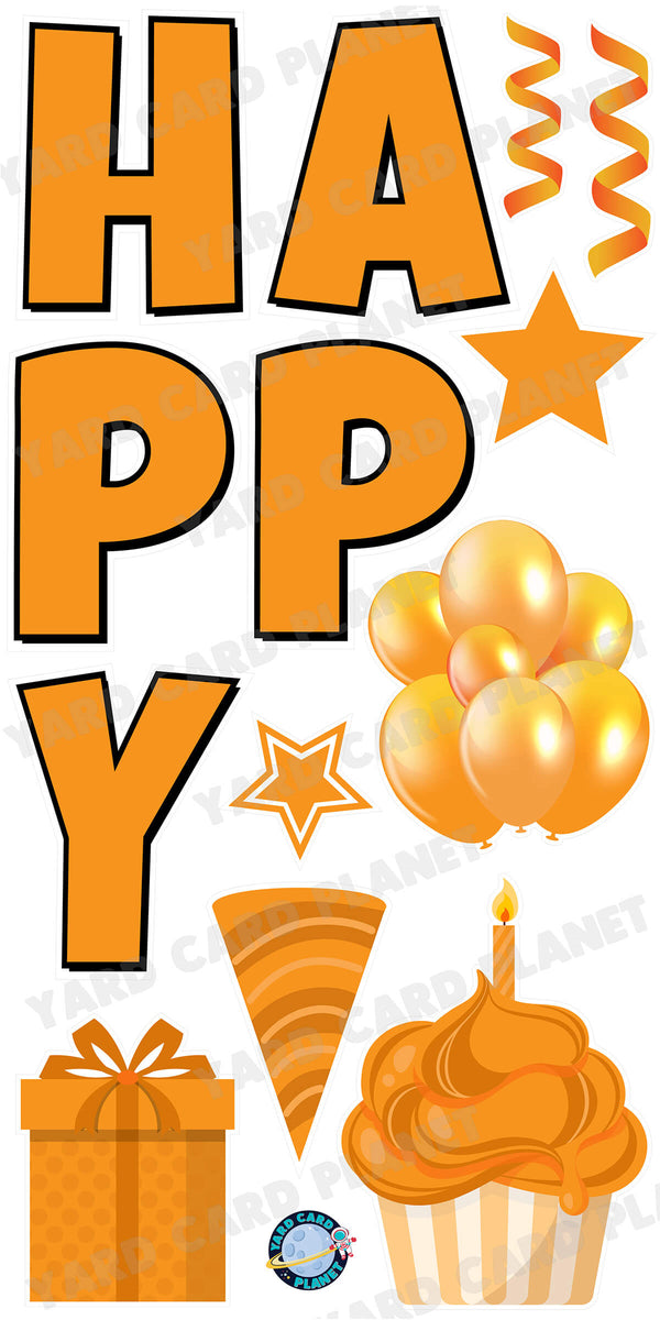 Large 23.5" Solid Orange Happy Birthday Individual Letters in Luckiest Guy Font and Birthday Flair Set Page One