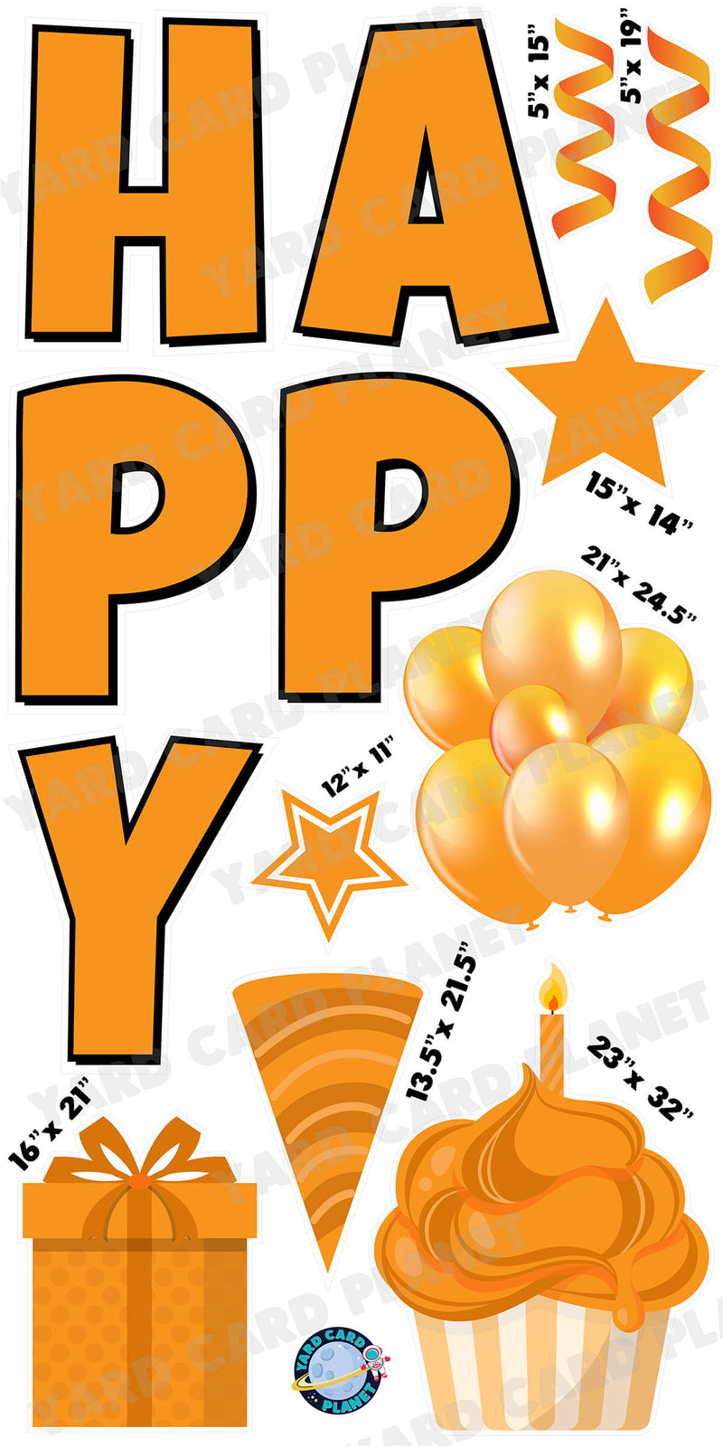 Large 23.5" Solid Orange Happy Birthday Individual Letters in Luckiest Guy Font and Birthday Flair Set Page One with Measurements