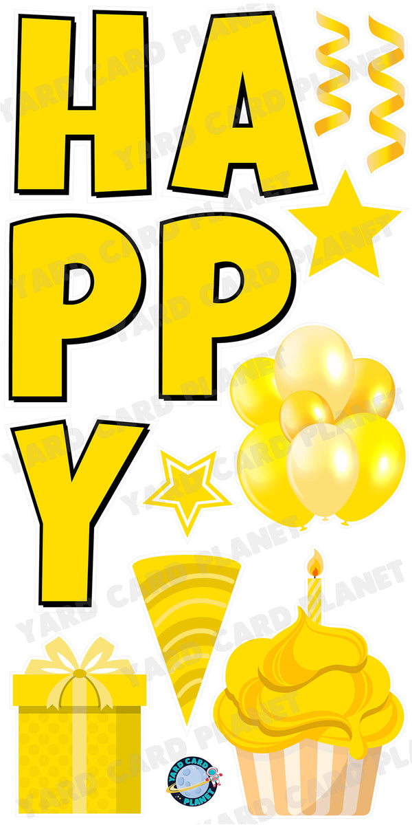 Large 23.5" Solid Yellow Happy Birthday Individual Letters in Luckiest Guy Font and Birthday Flair Set Page One