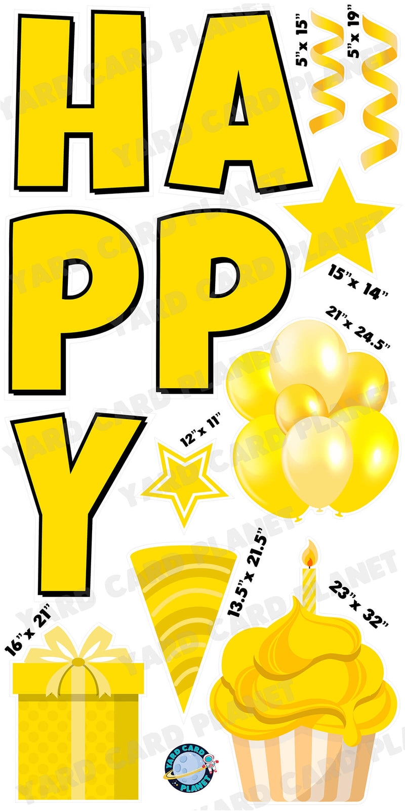 Large 23.5" Solid Yellow Happy Birthday Individual Letters in Luckiest Guy Font and Birthday Flair Set Page One with Measurements