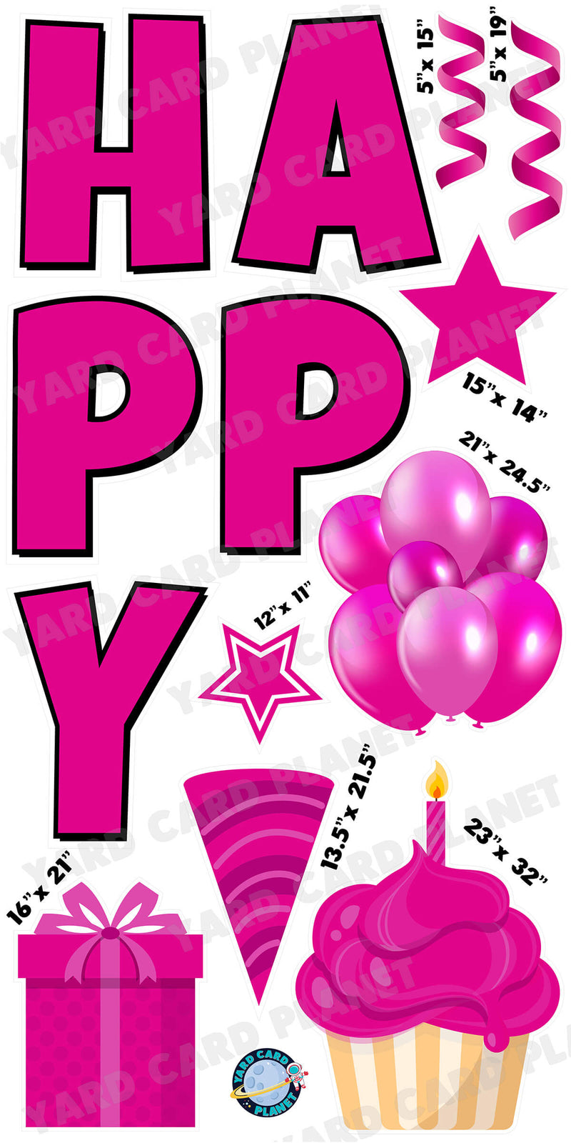 Large 23.5" Solid Hot Pink Happy Birthday Individual Letters in Luckiest Guy Font and Birthday Flair Set Page One with Measurements