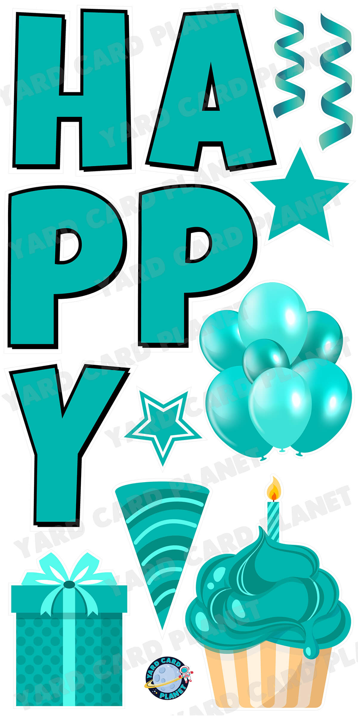 Large 23.5" Solid Teal Happy Birthday Individual Letters in Luckiest Guy Font and Birthday Flair Set Page One