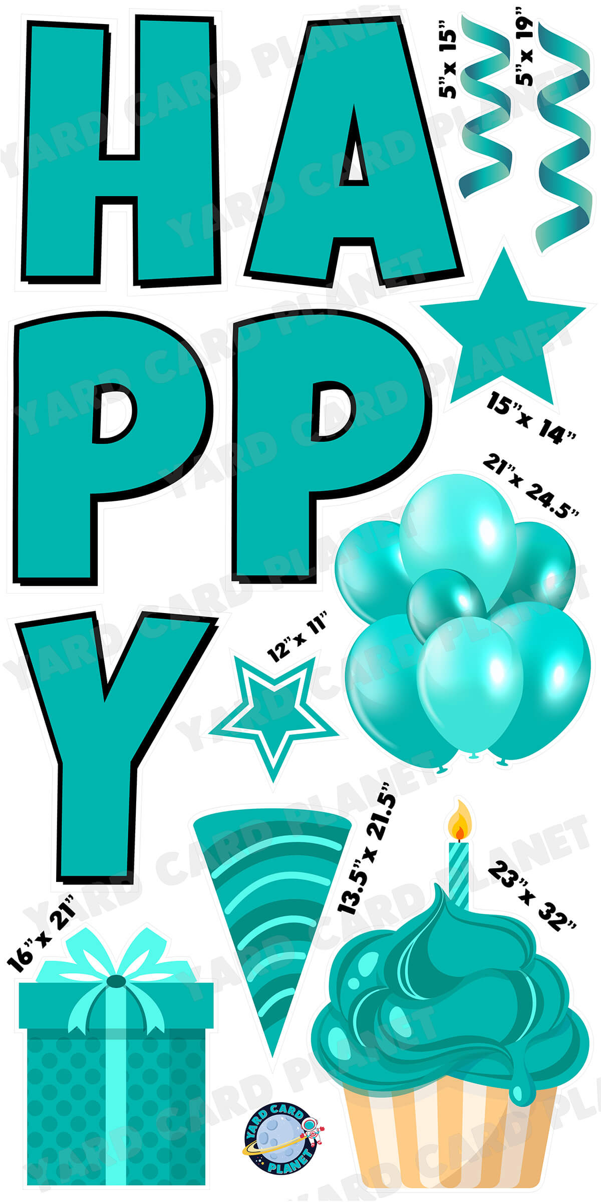 Large 23.5" Solid Teal Happy Birthday Individual Letters in Luckiest Guy Font and Birthday Flair Set Page One with Measurements