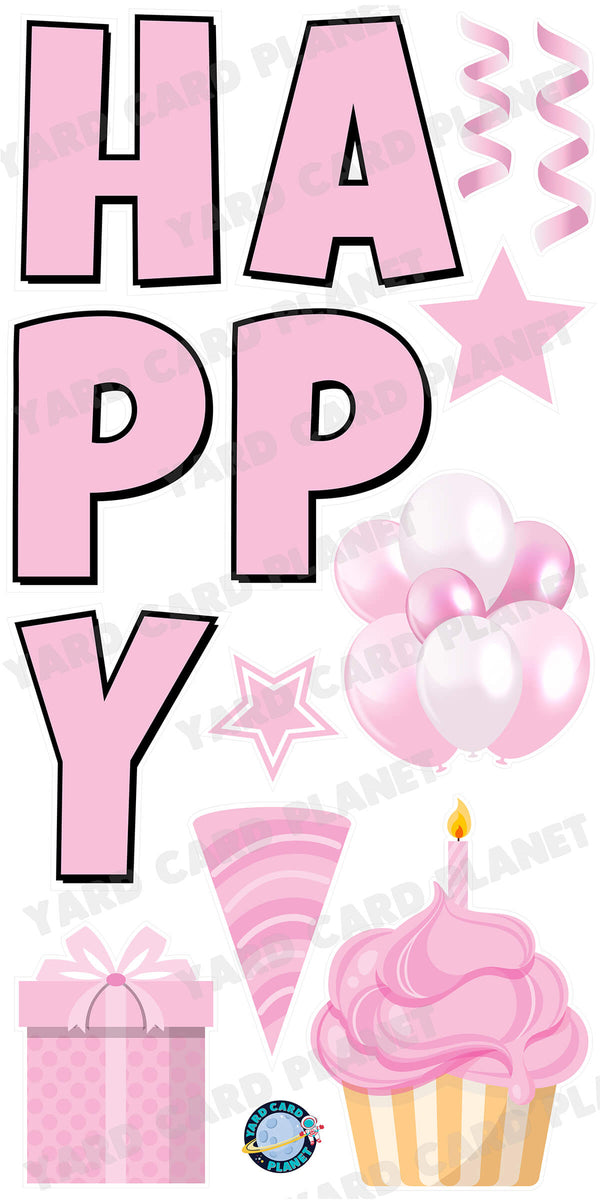 Large 23.5" Solid Light Pink Happy Birthday Individual Letters in Luckiest Guy Font and Birthday Flair Set Page One