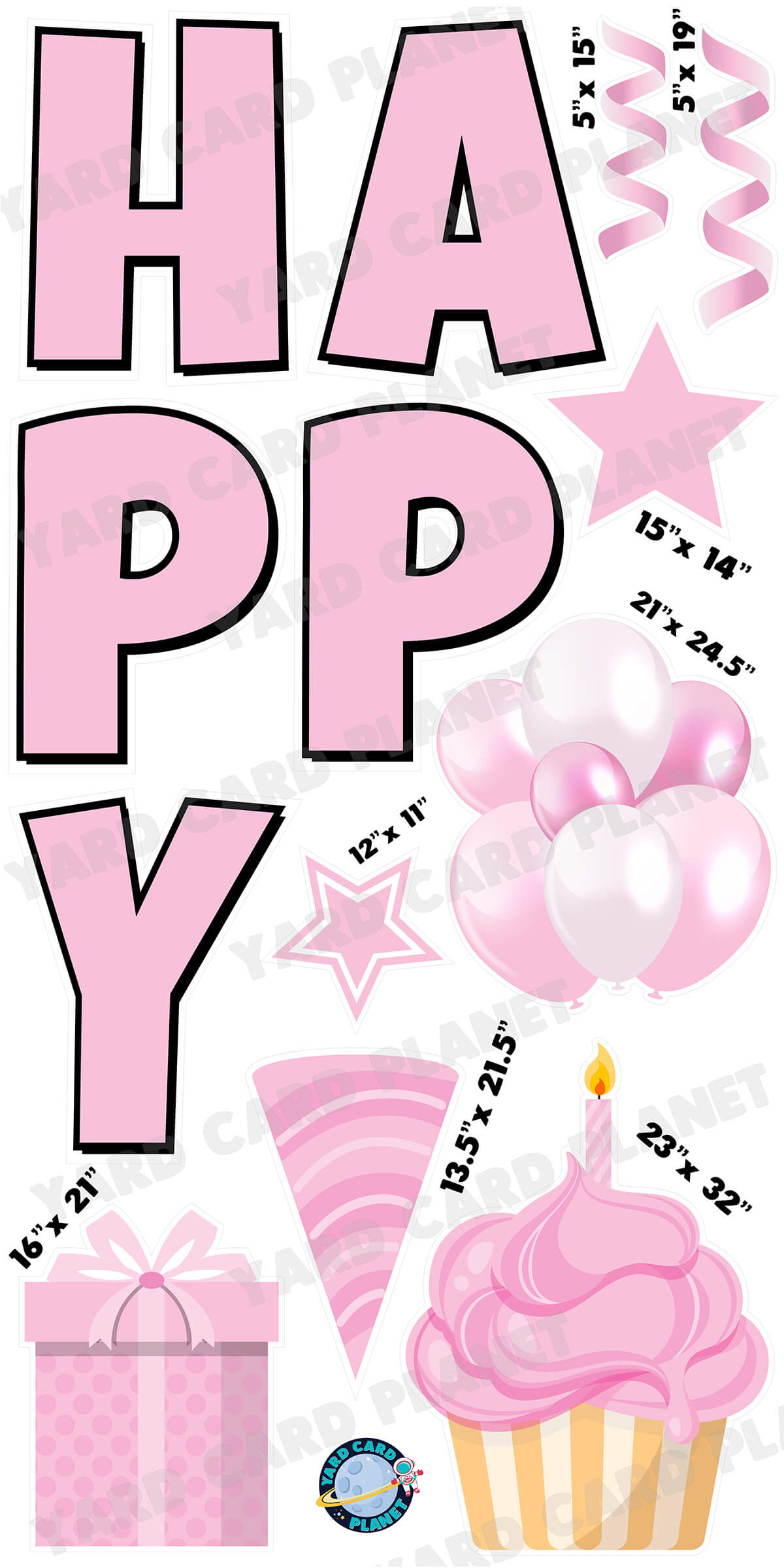 Large 23.5" Solid Light Pink Happy Birthday Individual Letters in Luckiest Guy Font and Birthday Flair Set Page One with Measurements