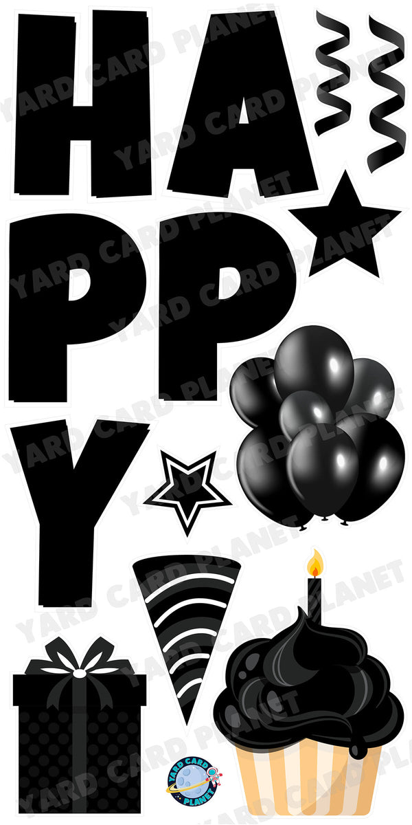Large 23.5" Solid Black Happy Birthday Individual Letters in Luckiest Guy Font and Birthday Flair Set Page One