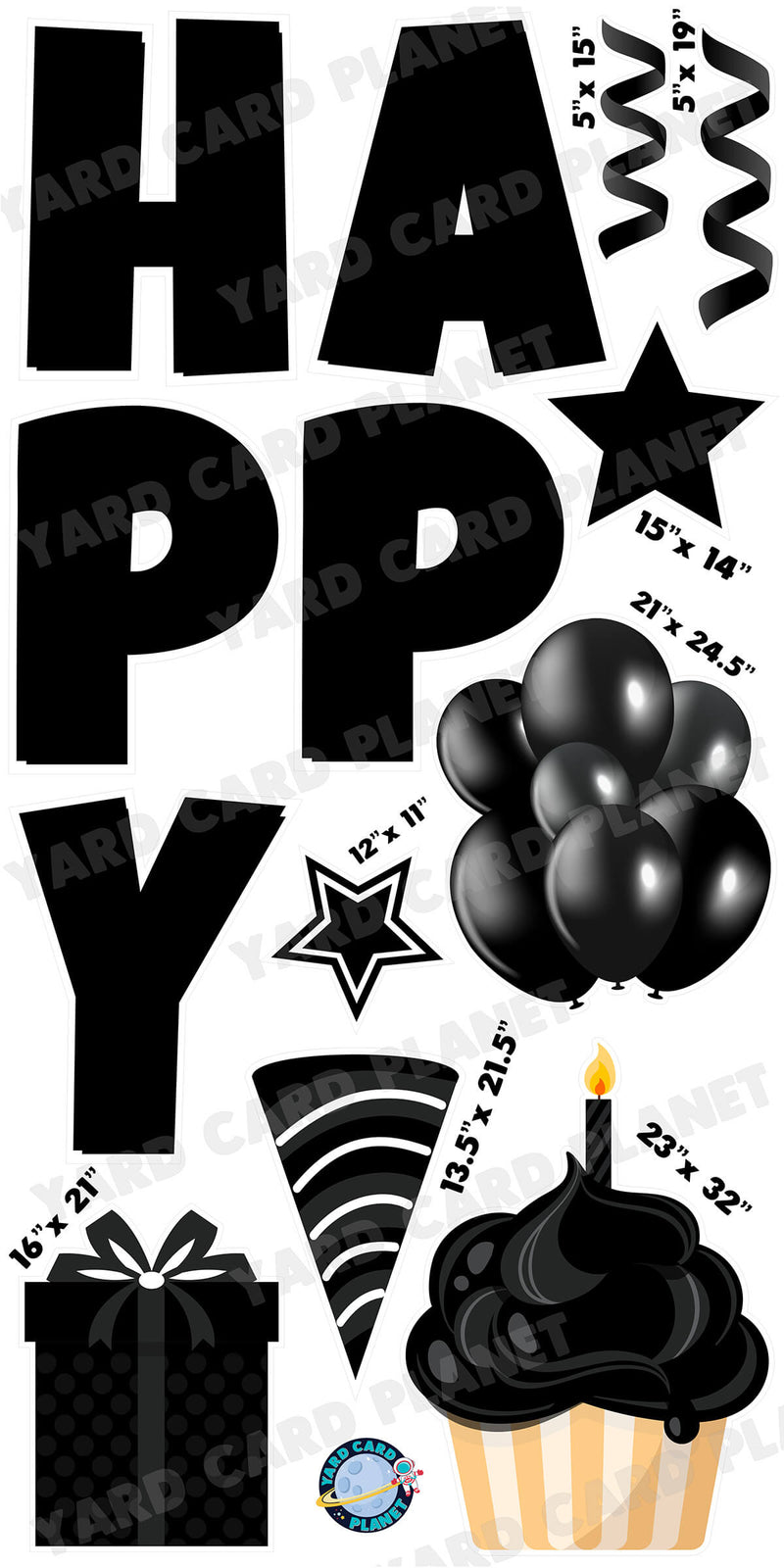 Large 23.5" Solid Black Happy Birthday Individual Letters in Luckiest Guy Font and Birthday Flair Set Page One with Measurements