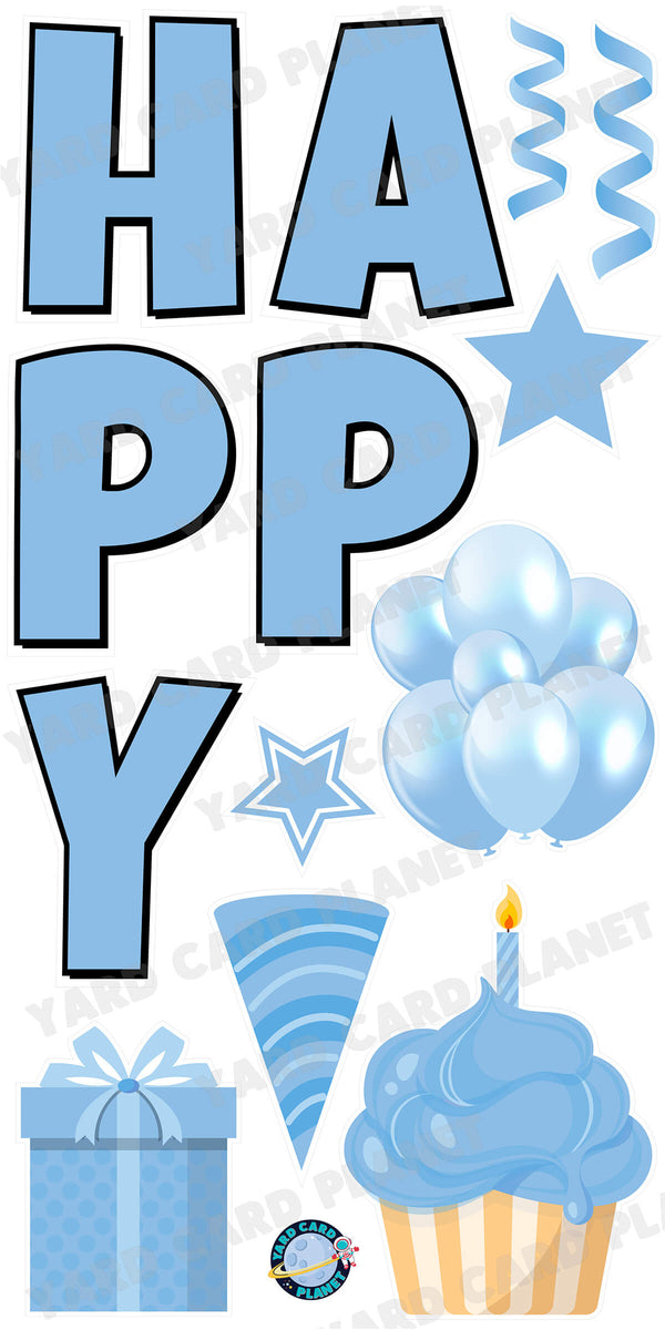 Large 23.5" Solid Baby Blue Happy Birthday Individual Letters in Luckiest Guy Font and Birthday Flair Set Page One