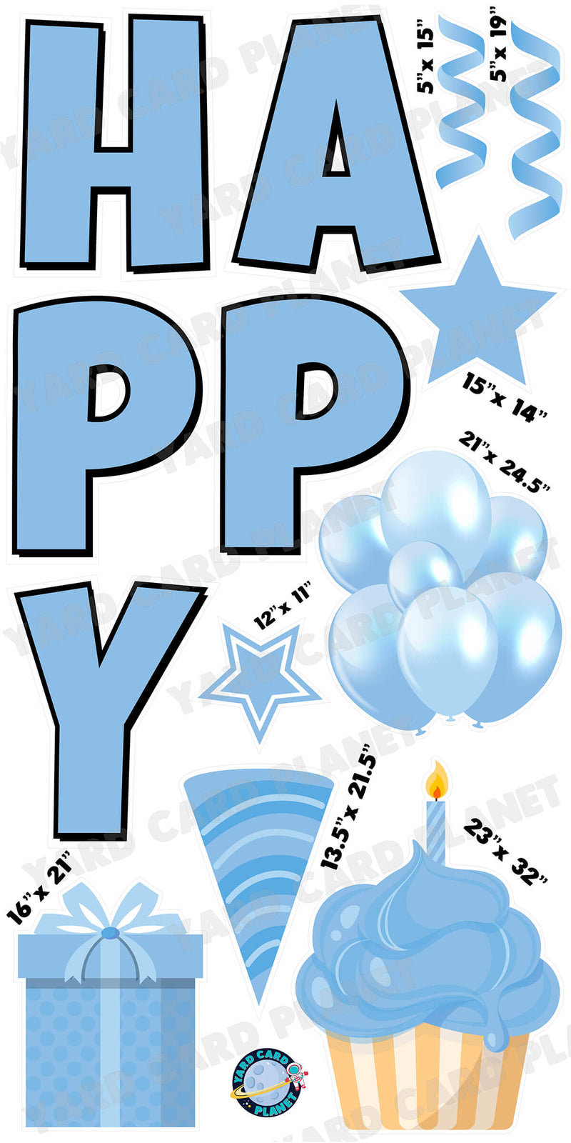 Large 23.5" Solid Baby Blue Happy Birthday Individual Letters in Luckiest Guy Font and Birthday Flair Set Page One with Measurements