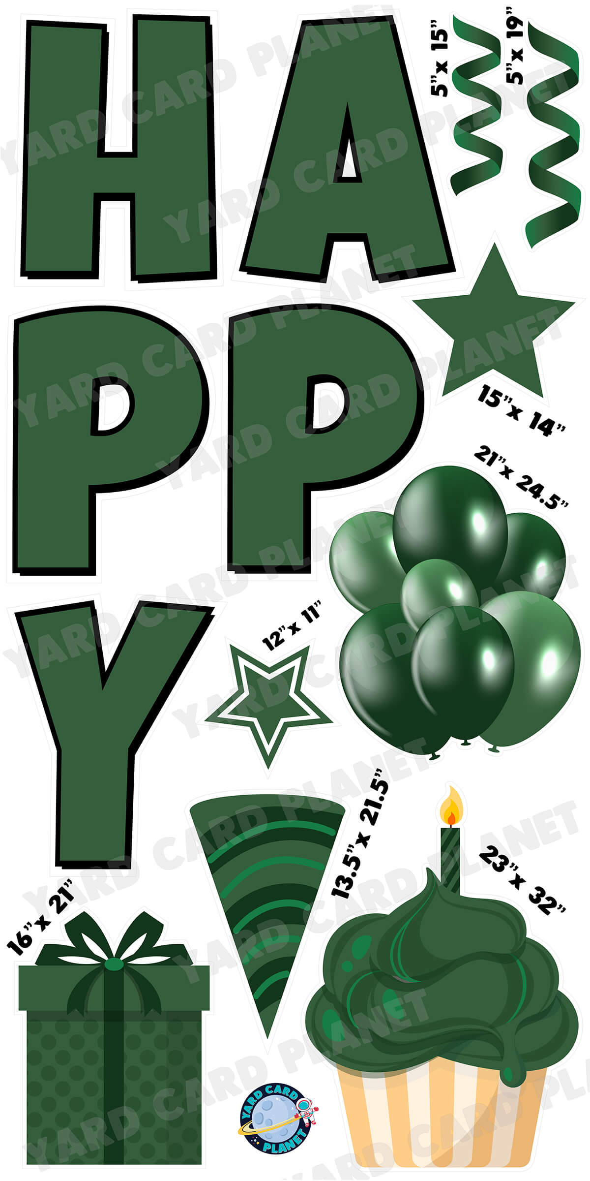 Large 23.5" Solid Hunter Green Happy Birthday Individual Letters in Luckiest Guy Font and Birthday Flair Set Page One with Measurements