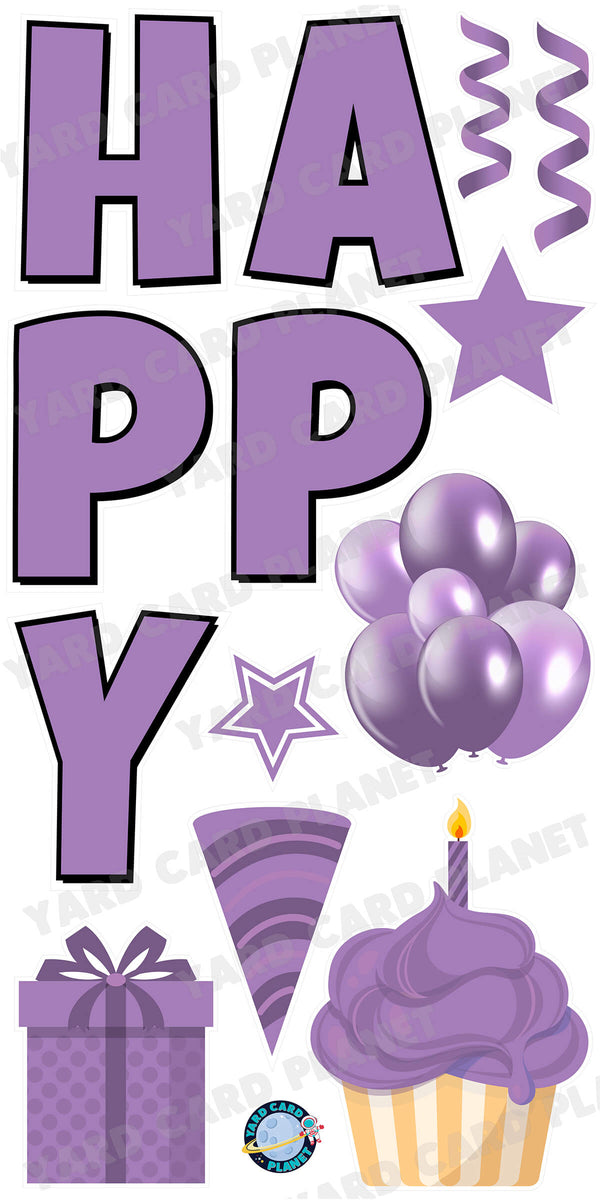 Large 23.5" Solid Light Purple Happy Birthday Individual Letters in Luckiest Guy Font and Birthday Flair Set Page One