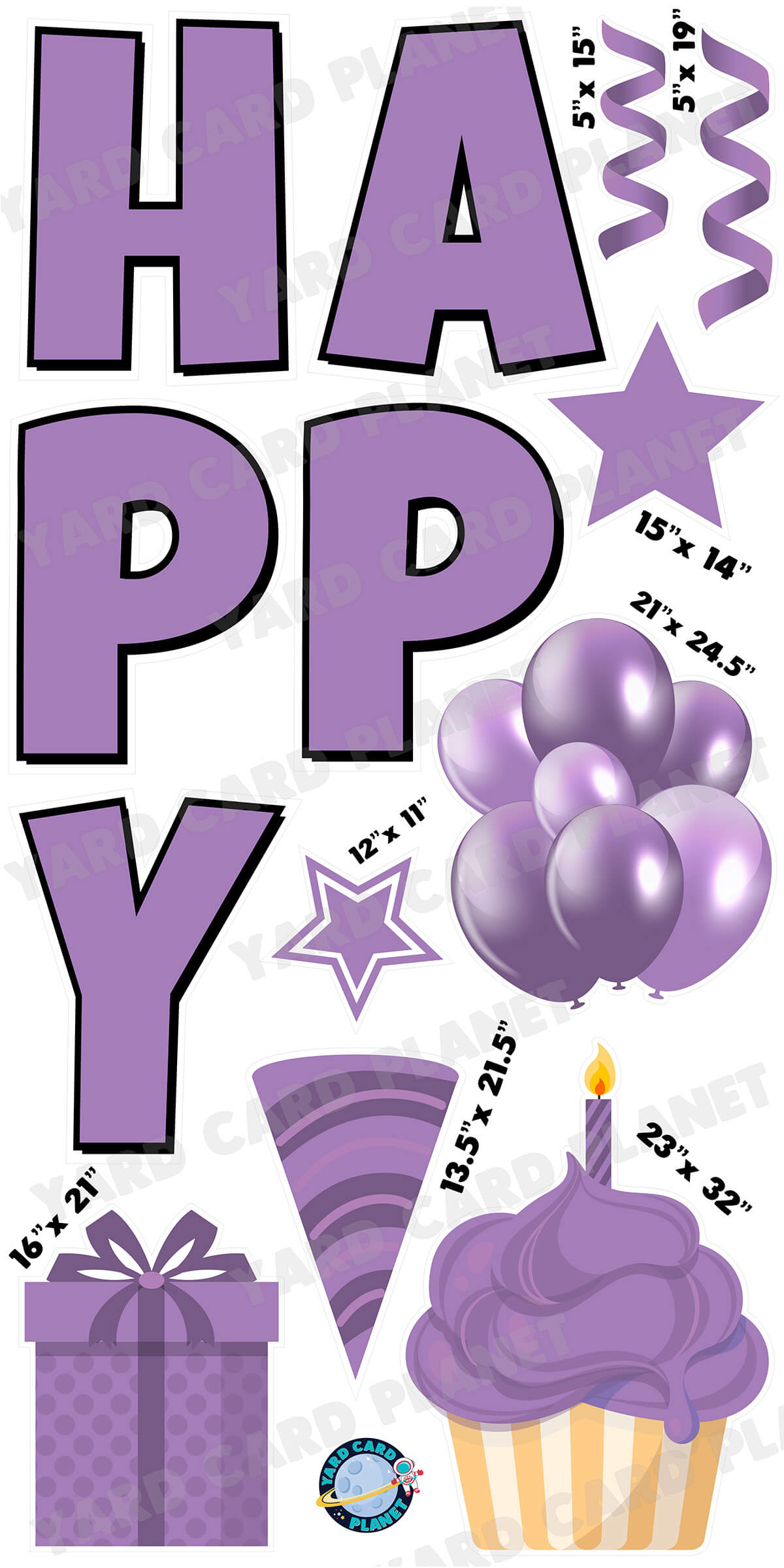 Large 23.5" Solid Light Purple Happy Birthday Individual Letters in Luckiest Guy Font and Birthday Flair Set Page One with Measurements