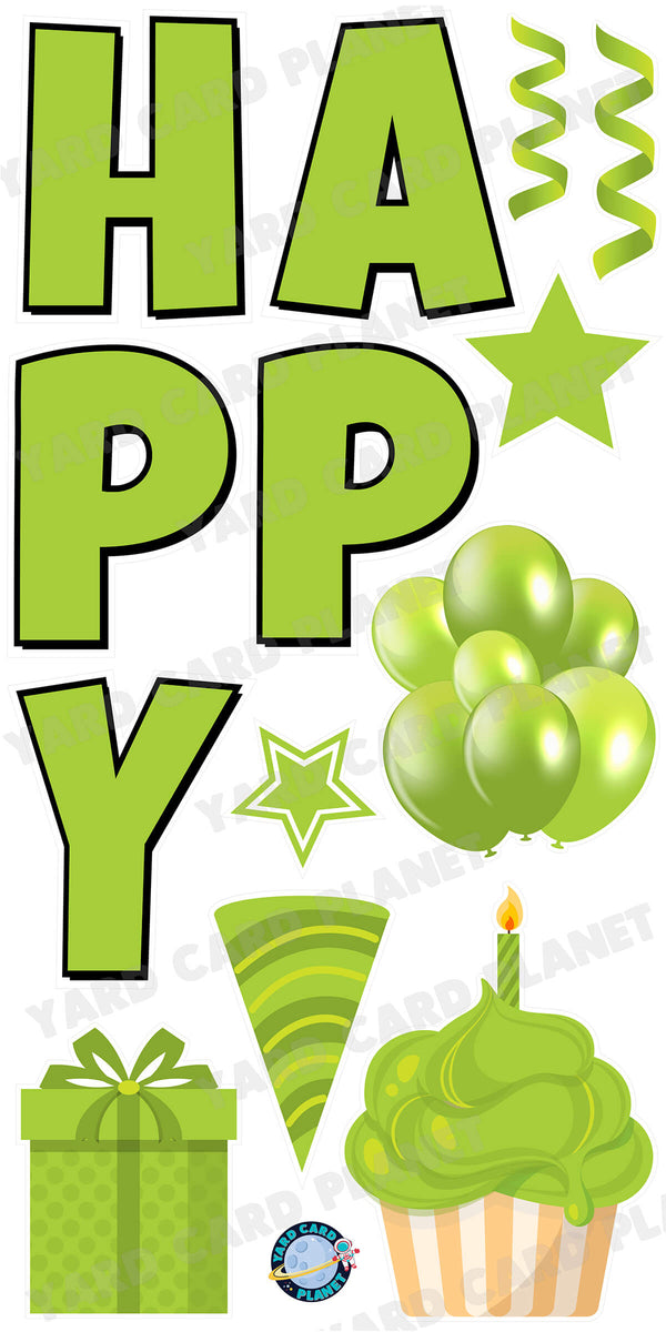 Large 23.5" Solid Lime Green Happy Birthday Individual Letters in Luckiest Guy Font and Birthday Flair Set Page One