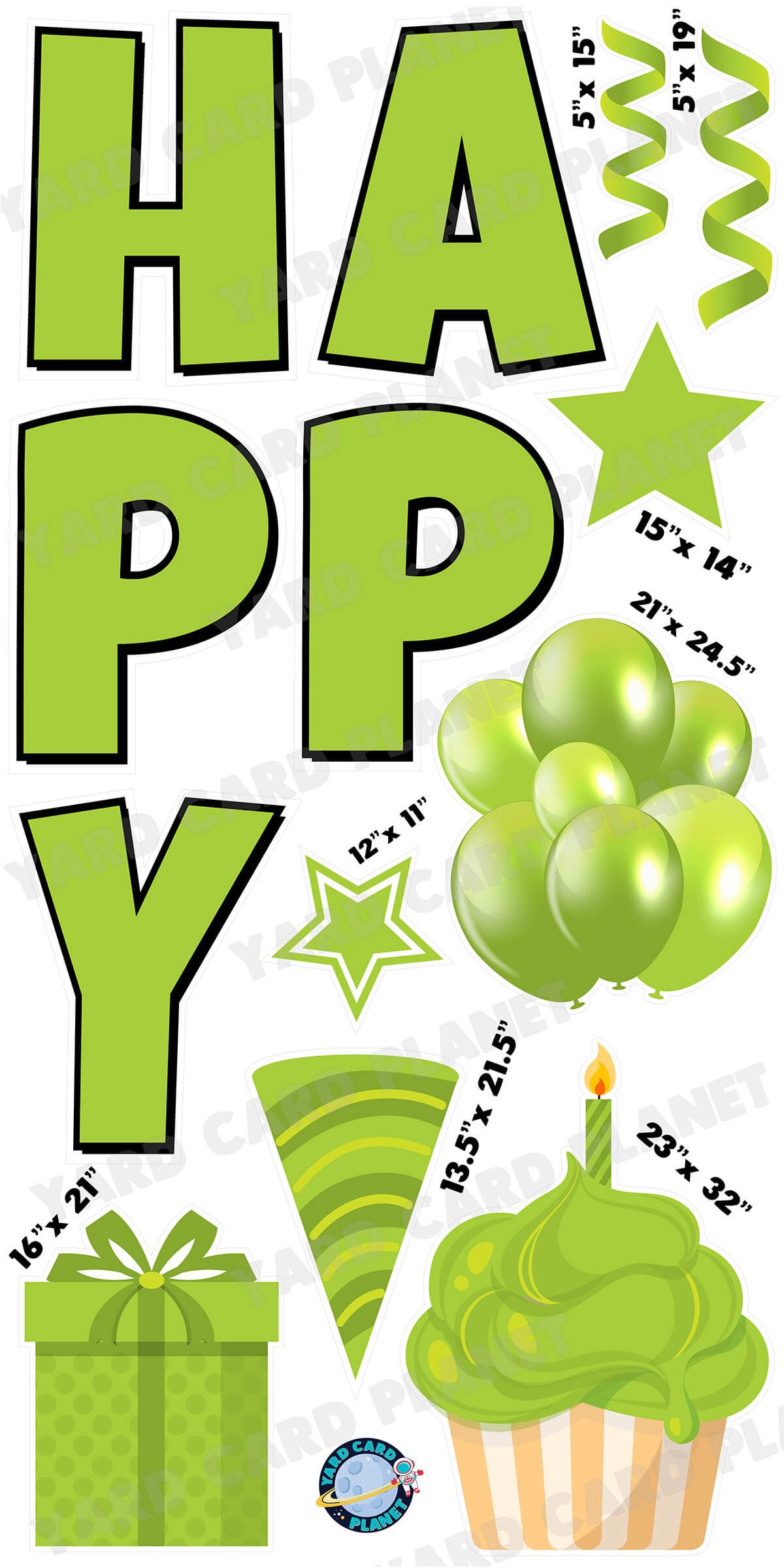 Large 23.5" Solid Lime Green Happy Birthday Individual Letters in Luckiest Guy Font and Birthday Flair Set Page One with Measurements