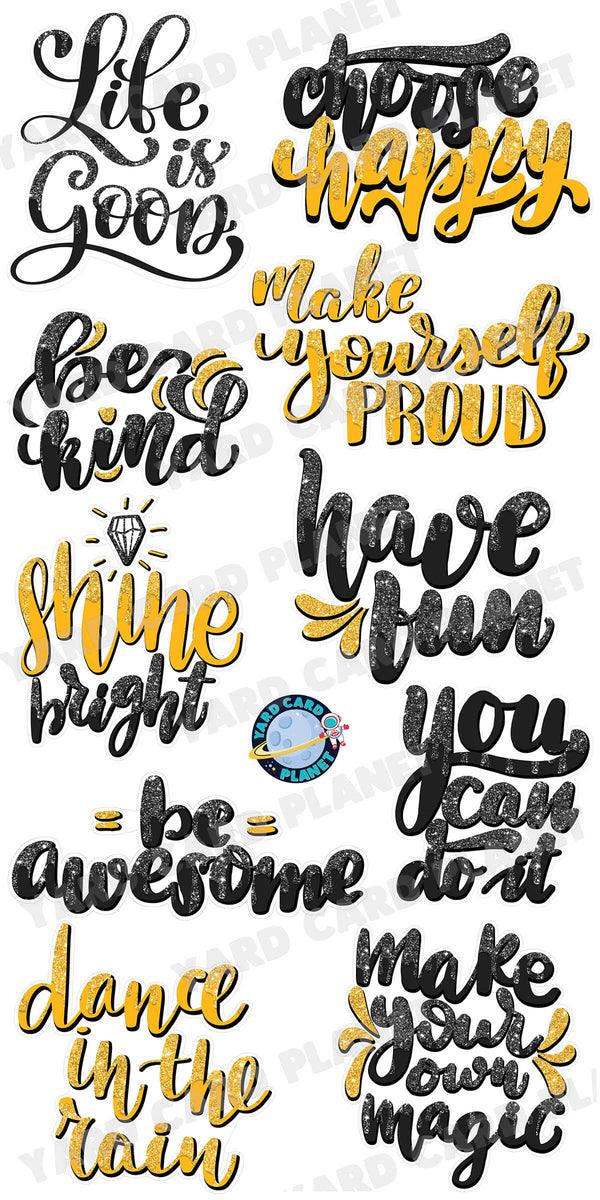 Gold and Black Drip Glitter Inspirational and Motivational Sayings Yard Card Flair Set