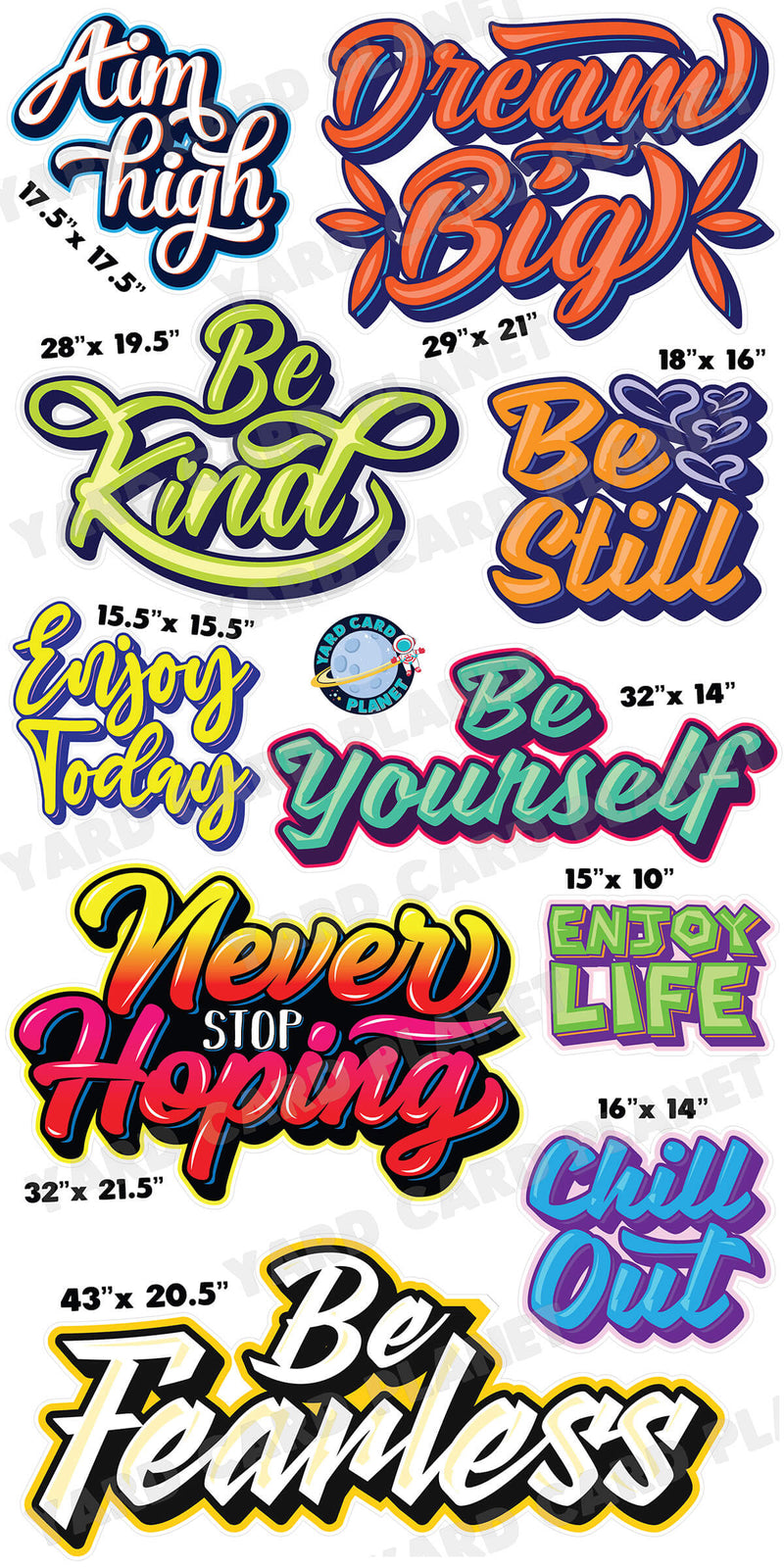 Colorful Inspirational and Motivational Sayings Yard Card Flair Set with Measurements