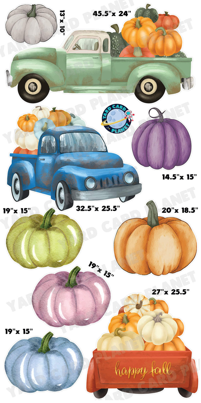 Watercolor Happy Fall Pumpkins and Pick Ups Yard Card Flair Set with Measurements