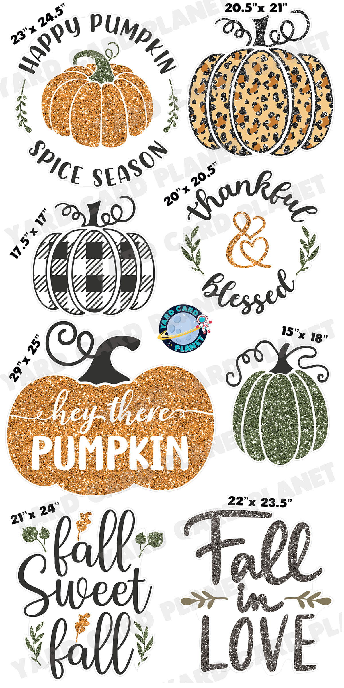 Glitter Pattern Fall Season Signs Yard Card Flair Set with Measurements