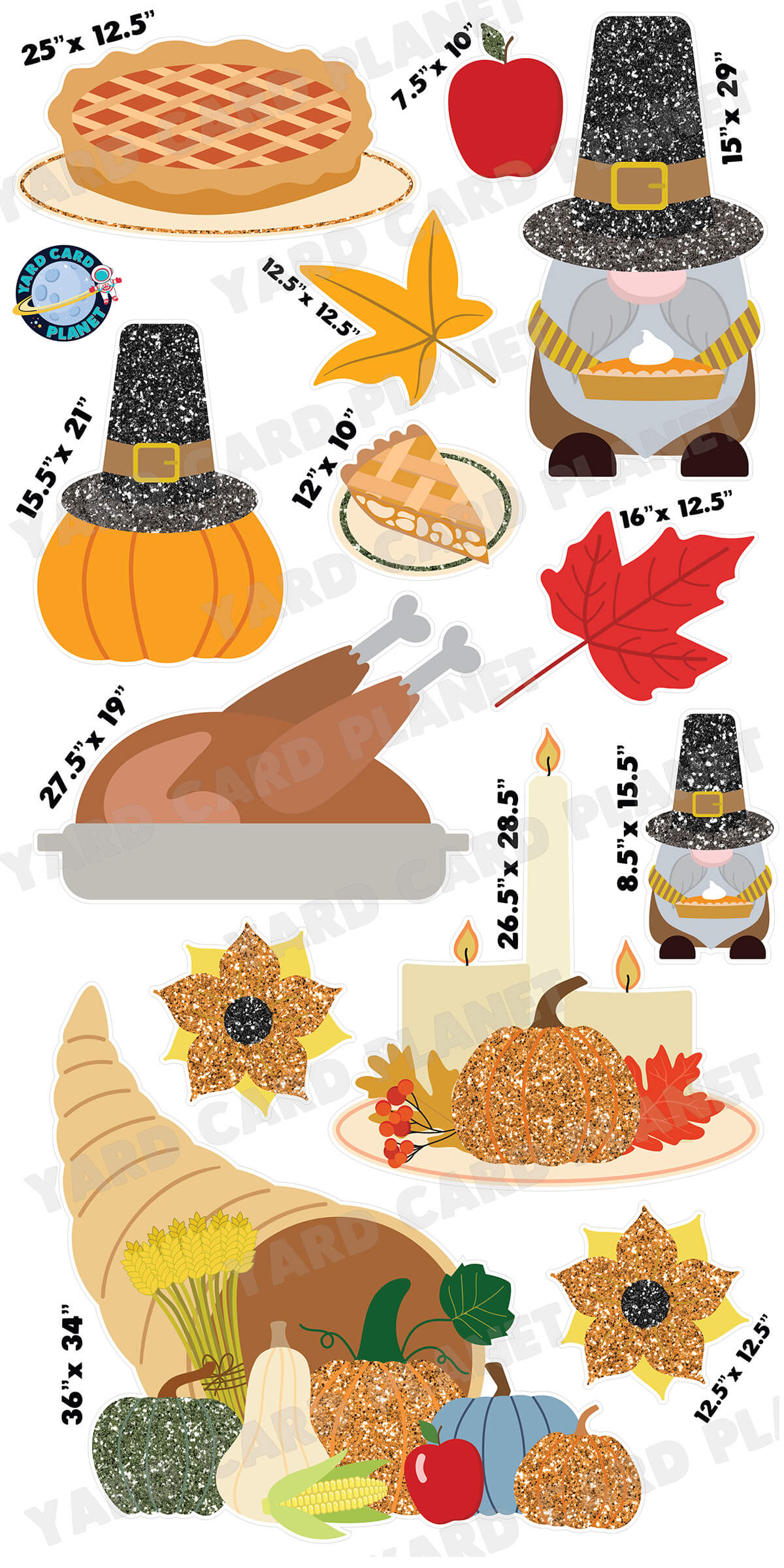 Glitter Pattern Thanksgiving Harvest Cornucopia Yard Card Flair Set with Measurements