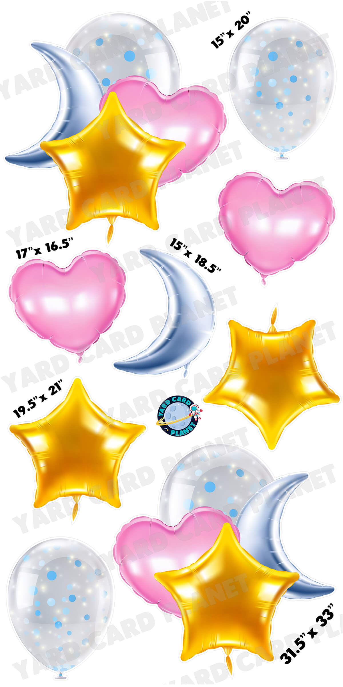 Metallic Stars, Moons and Hearts Balloons Yard Card Set with Measurements