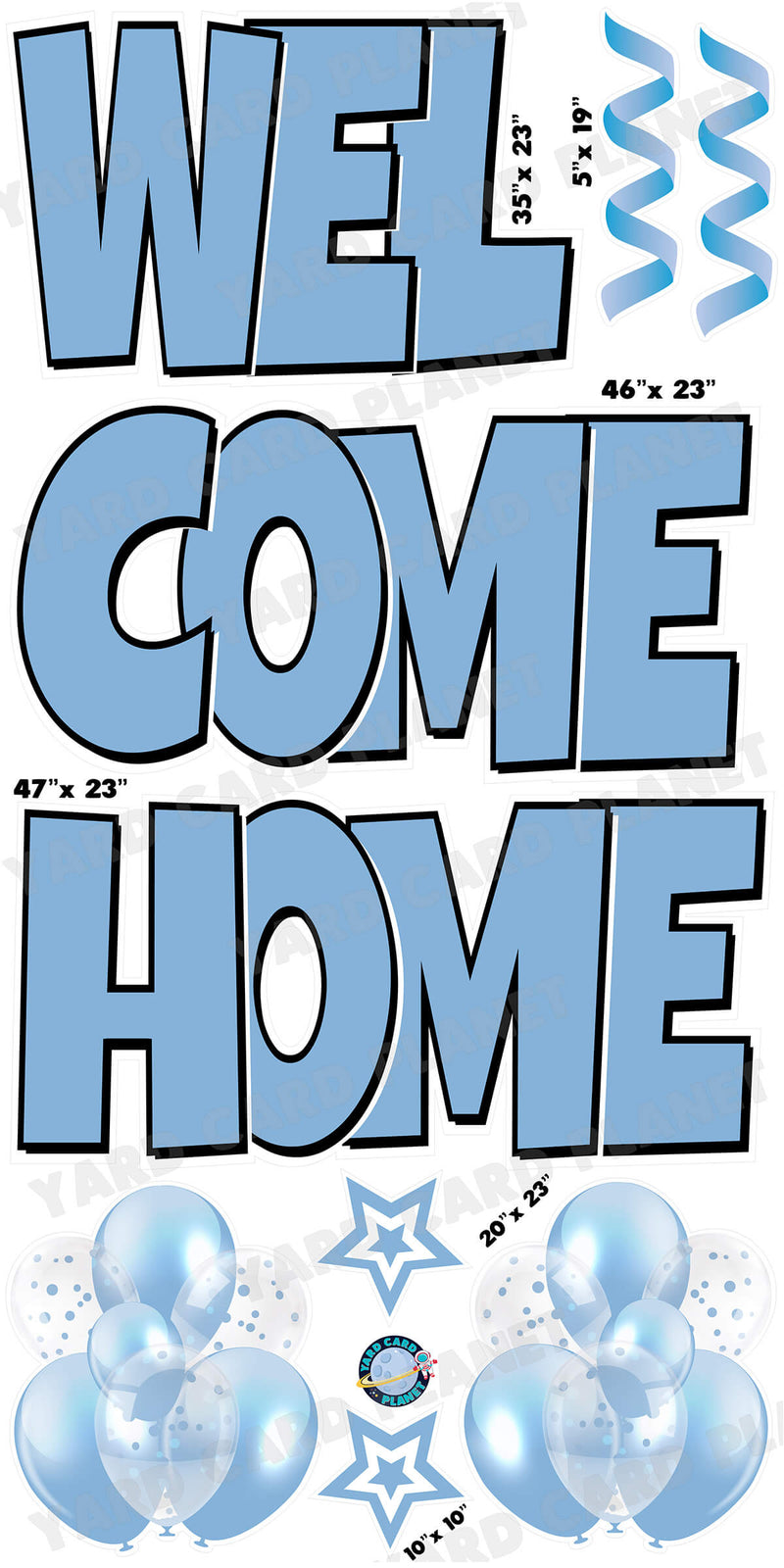 Large 23" Welcome Home Yard Card EZ Quick Sets in Luckiest Guy Font and Flair in Baby Blue Solid Color