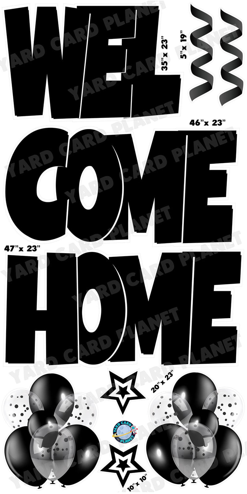 Large 23" Welcome Home Yard Card EZ Quick Sets in Luckiest Guy Font and Flair in Black Solid Color