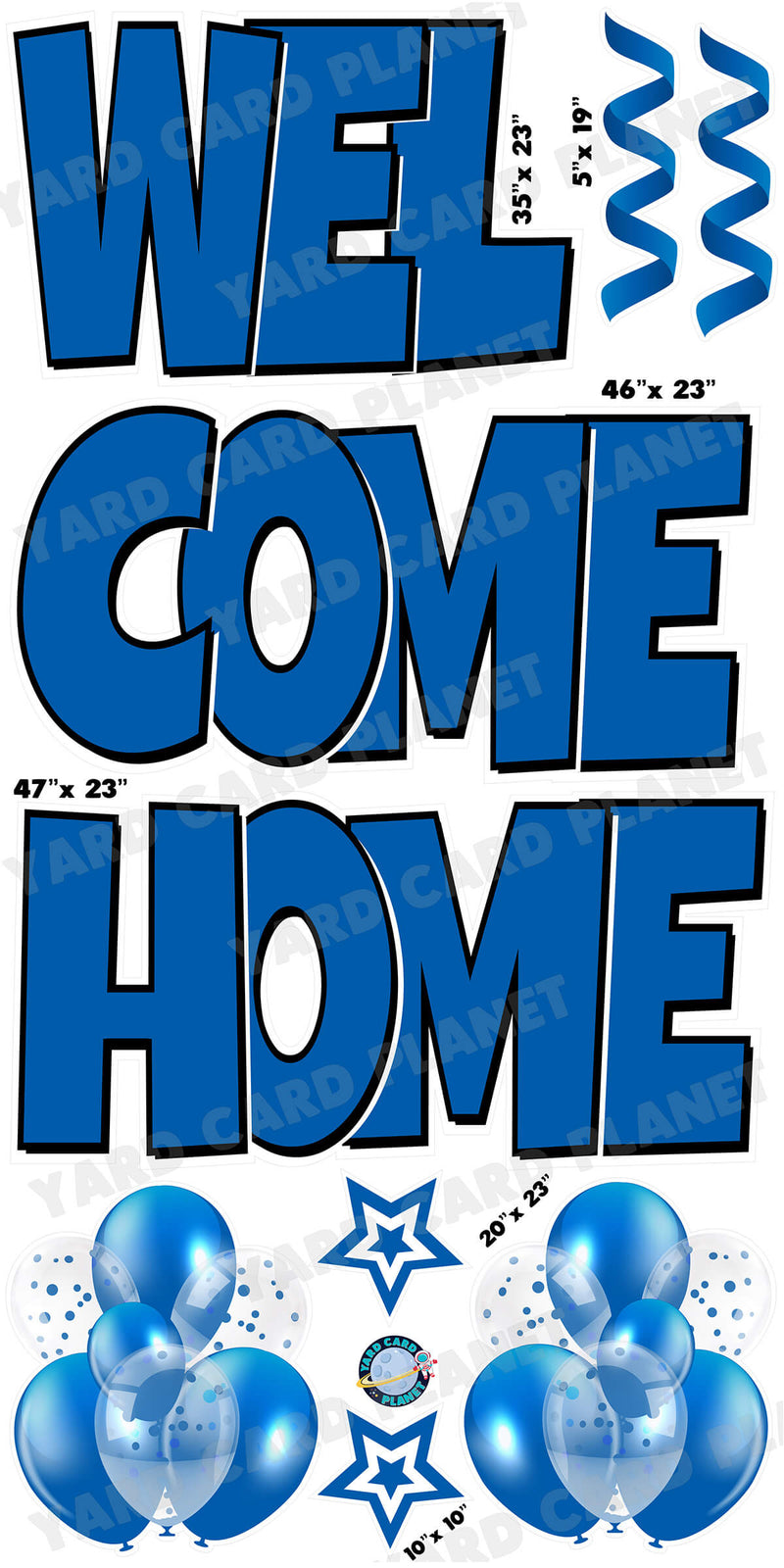 Large 23" Welcome Home Yard Card EZ Quick Sets in Luckiest Guy Font and Flair in Blue Solid Color