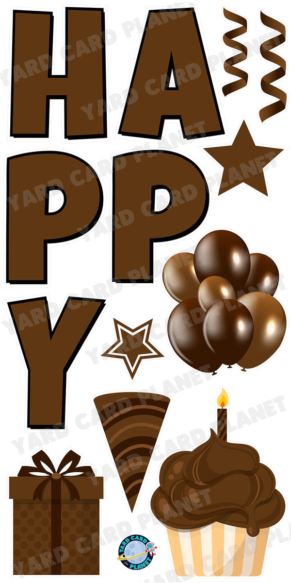 Large 23.5" Solid Brown Happy Birthday Individual Letters in Luckiest Guy Font and Birthday Flair Set Page One