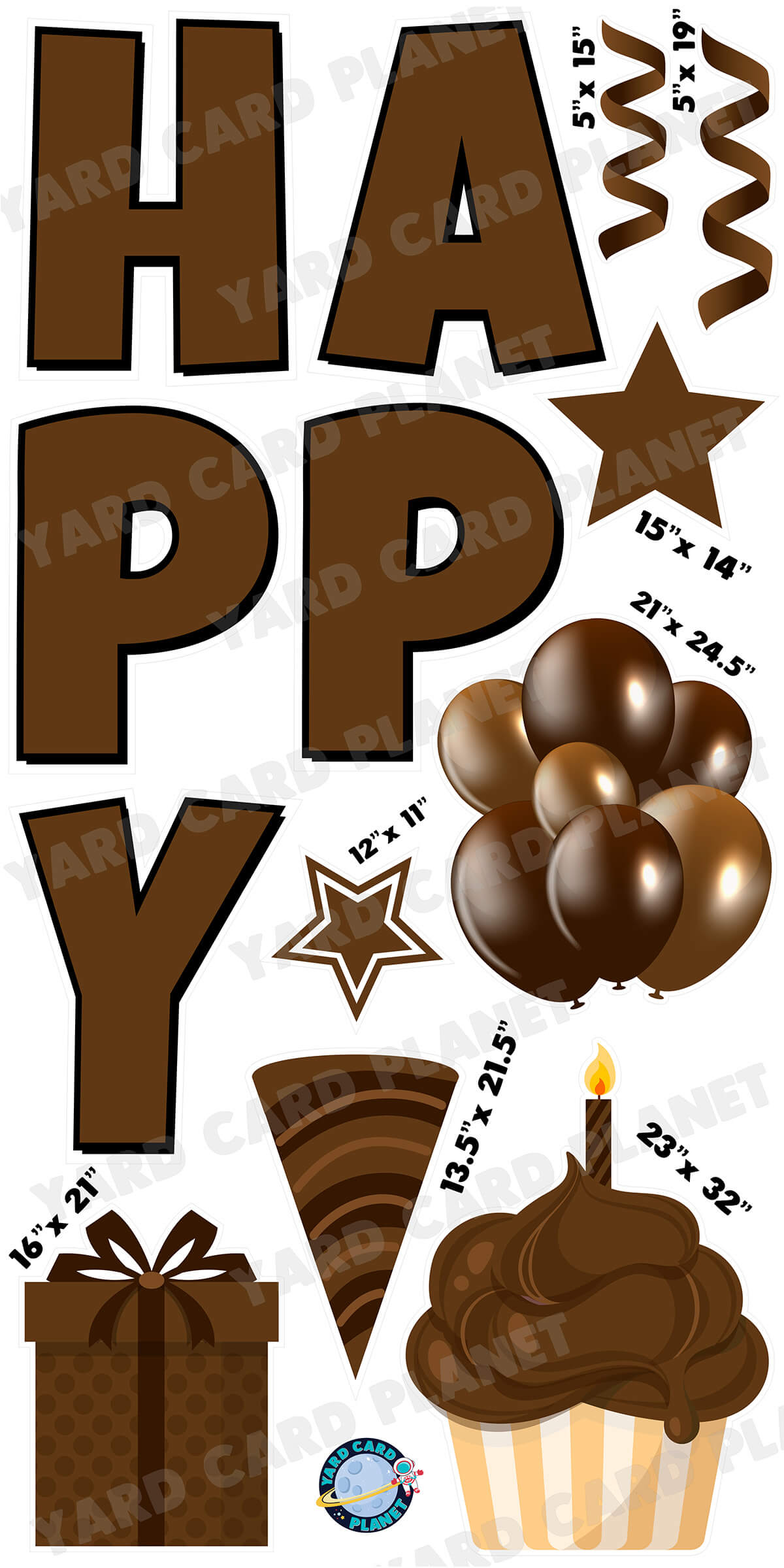 Large 23.5" Solid Brown Happy Birthday Individual Letters in Luckiest Guy Font and Birthday Flair Set Page One with Measurements