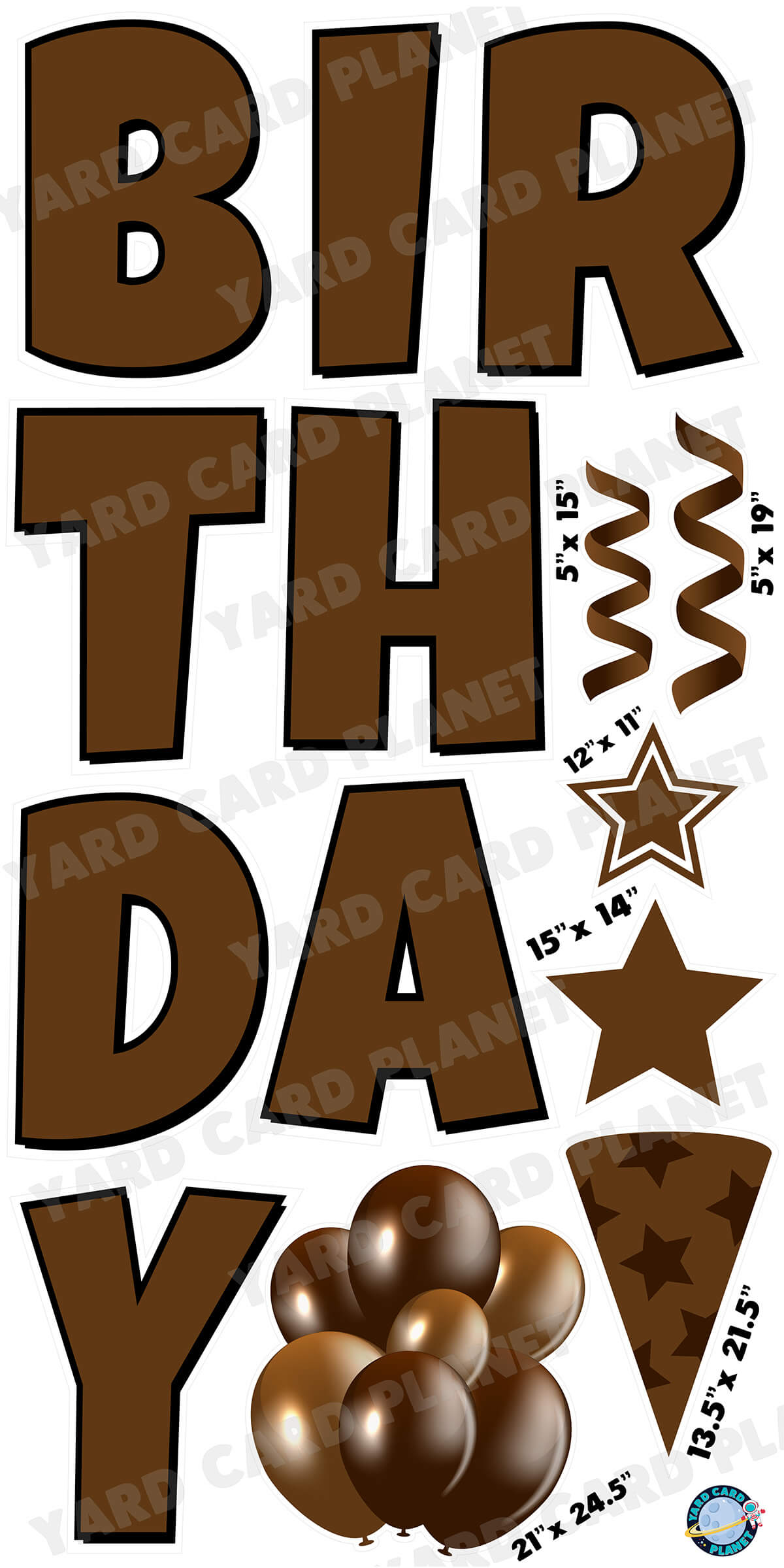 Large 23.5" Solid Brown Happy Birthday Individual Letters in Luckiest Guy Font and Birthday Flair Set Page Two with Measurements