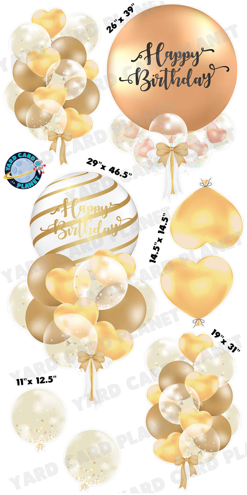 Elegant Gold Tone Happy Birthday Balloon Bouquets Yard Card Set